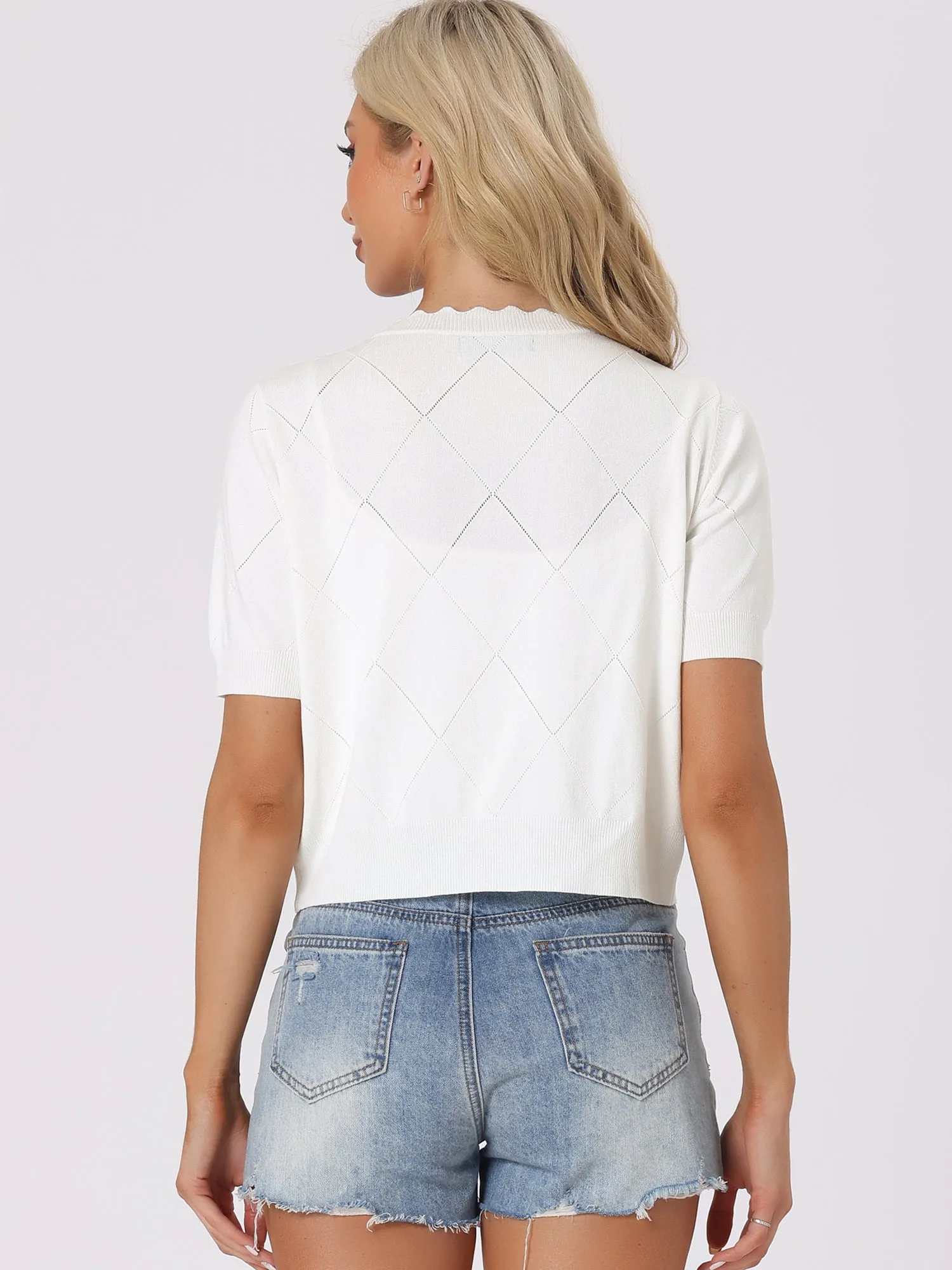 Knit Crop Top Short Sleeves Button Down V Neck Ruffle Sweater Blouse sold by Allegra K product image thumbnail 4