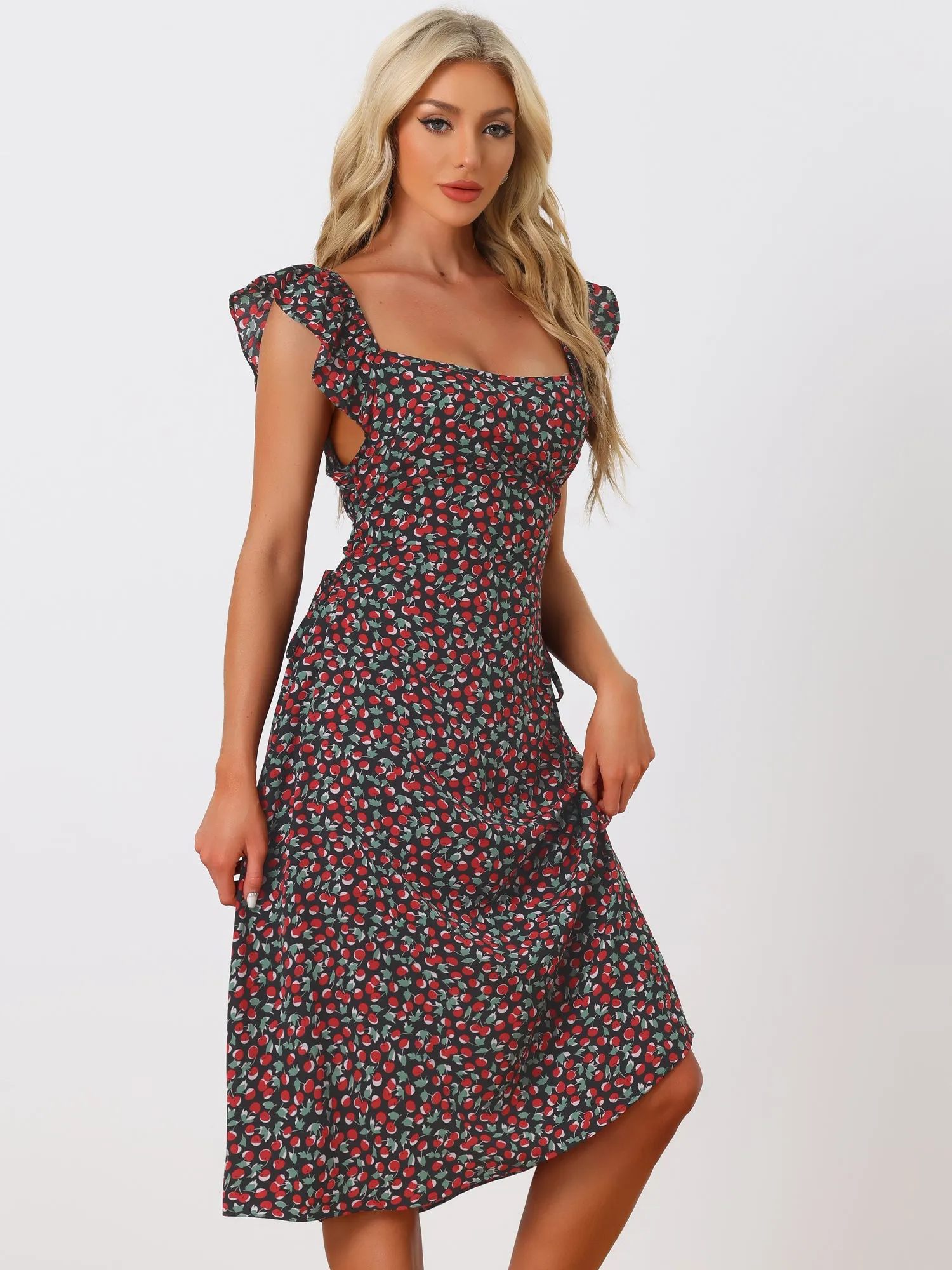 Floral Cherry Print Lace-up Square Neck Ruffle Midi Dress Sundress sold by Allegra K