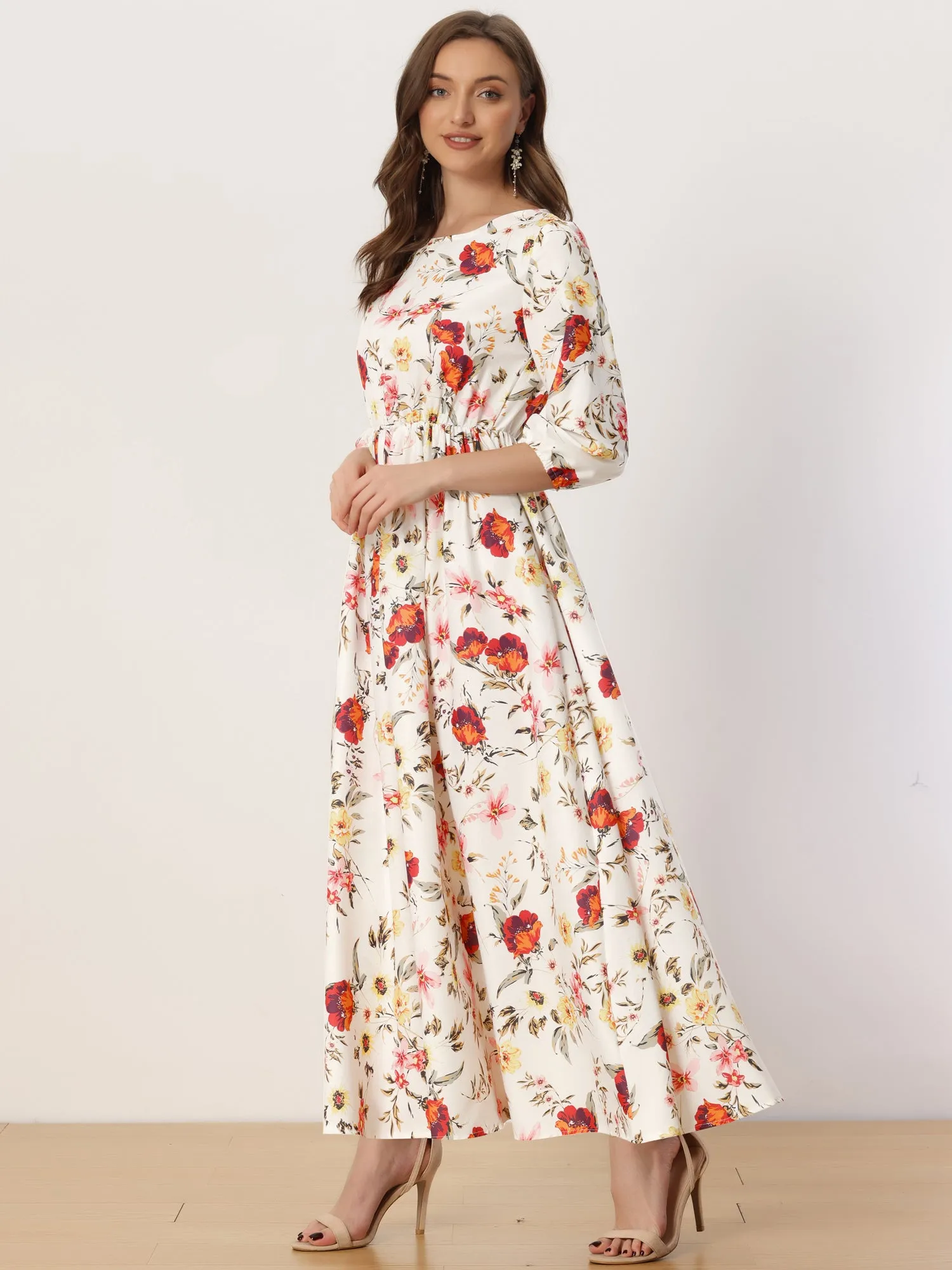Floral Maxi Casual Puff Sleeve Flowy A Line Long Dress sold by Allegra K product image thumbnail 2