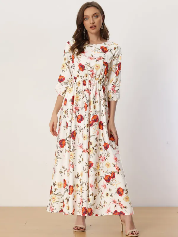 Floral Maxi Casual Puff Sleeve Flowy A Line Long Dress sold by Allegra K