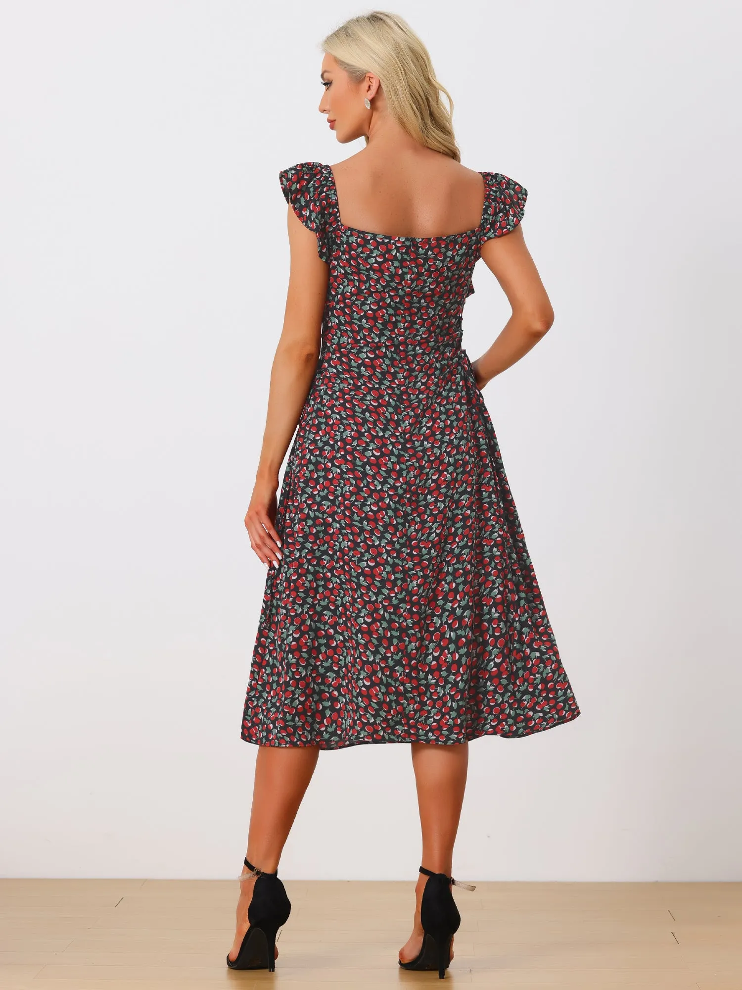 Floral Cherry Print Lace-up Square Neck Ruffle Midi Dress Sundress sold by Allegra K product image thumbnail 3