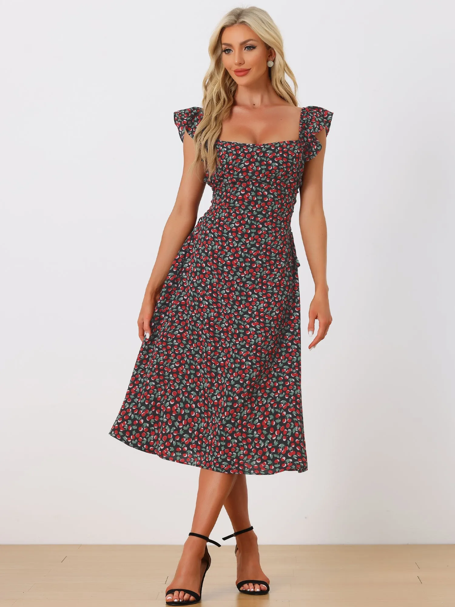 Floral Cherry Print Lace-up Square Neck Ruffle Midi Dress Sundress sold by Allegra K product image thumbnail 2