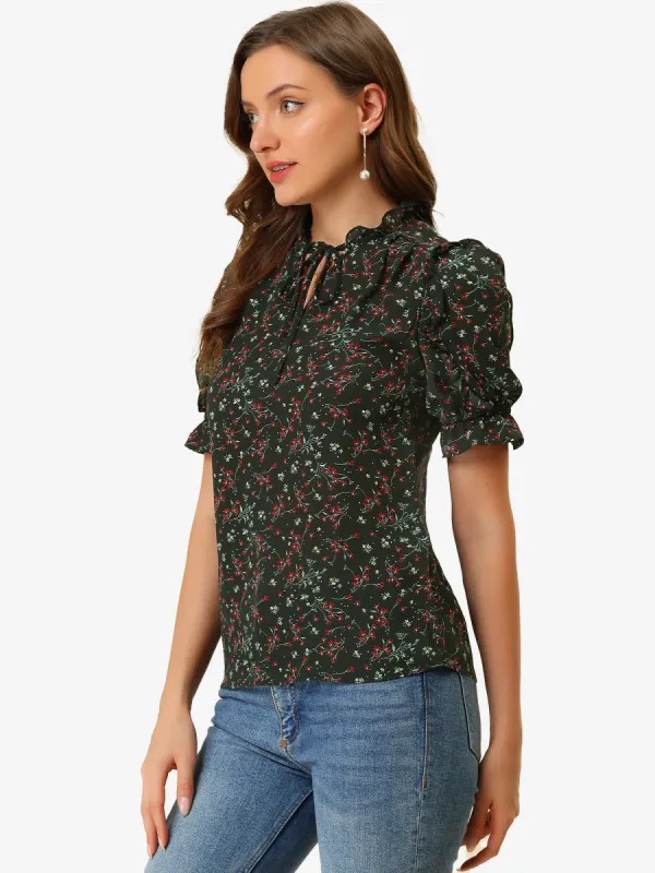 Ruffle Tie Neck Puff Short Sleeve Casual Floral Blouse Top sold by Allegra K