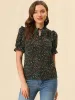 Ruffle Tie Neck Puff Short Sleeve Casual Floral Blouse Top sold by Allegra K