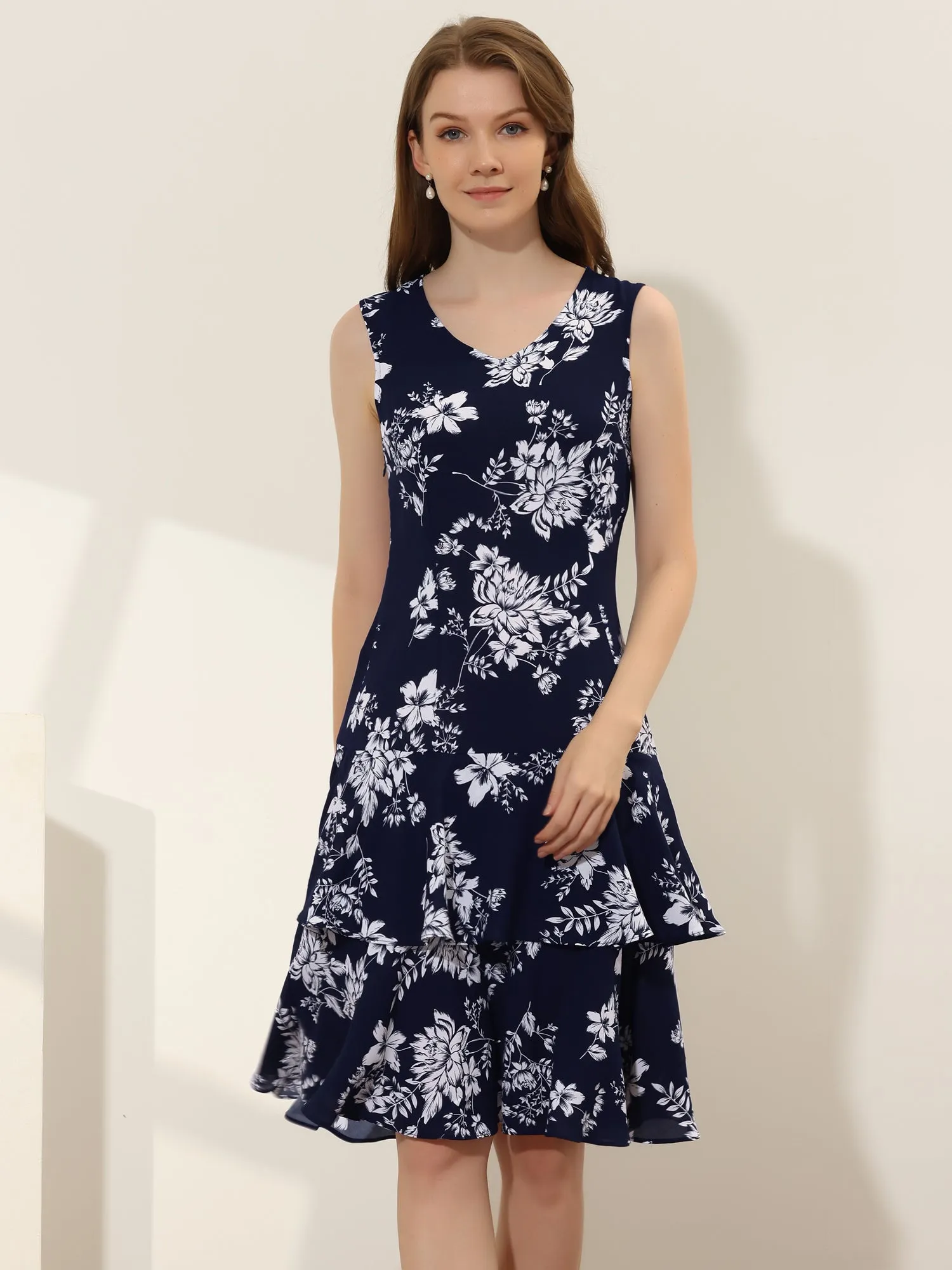 Work flower Print Contrast Panel 2pc Sets Chiffon V Neck Jacket Dress sold by Allegra K product image thumbnail 5