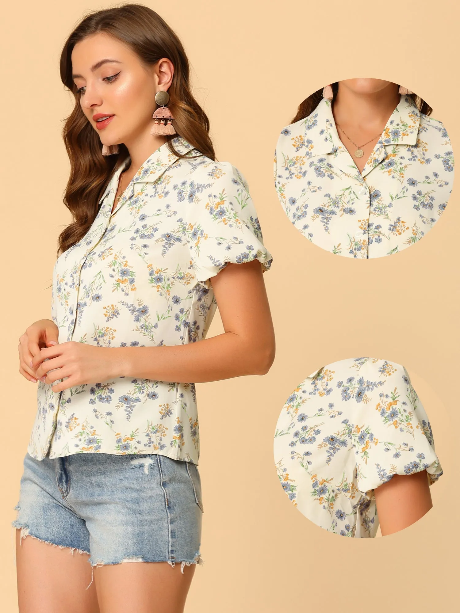 Floral Notched Lapel Summer Casual Button Up Short Sleeve Shirt sold by Allegra K product image thumbnail 3