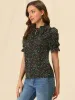 Ruffle Tie Neck Puff Short Sleeve Casual Floral Blouse Top sold by Allegra K