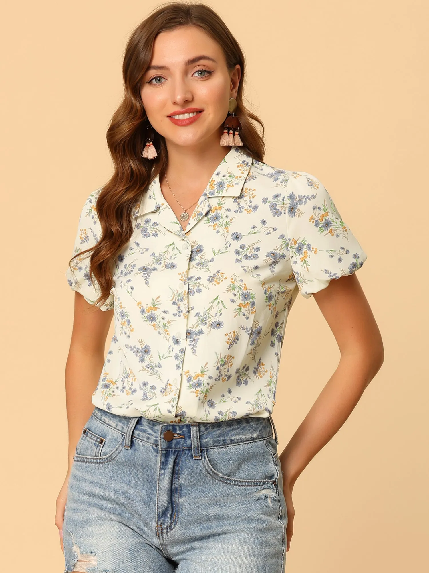 Floral Notched Lapel Summer Casual Button Up Short Sleeve Shirt sold by Allegra K