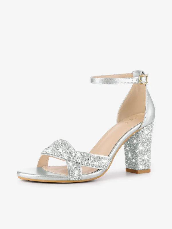 Women's Bling Glitter Ankle Strap High Chunky Heel Sandals sold by Allegra K