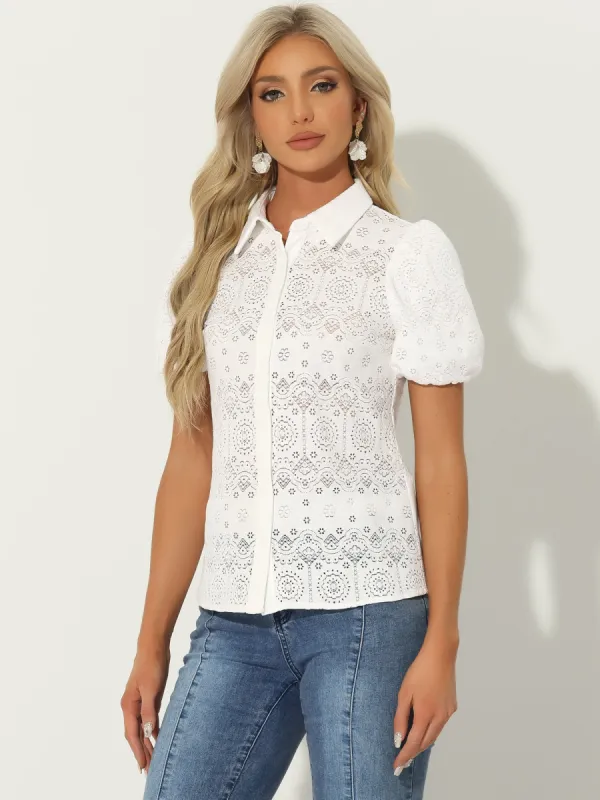 Lace Boho Puff Sleeve Button Down Eyelet Blouse sold by Allegra K