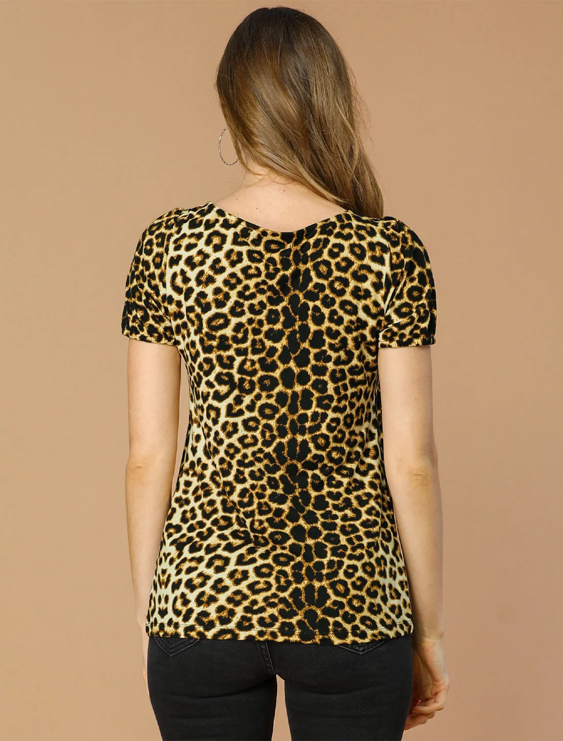 Animal Print Top Short Sleeve Pleated U-neck Knit Leopard T-shirt sold by Allegra K product image thumbnail 4