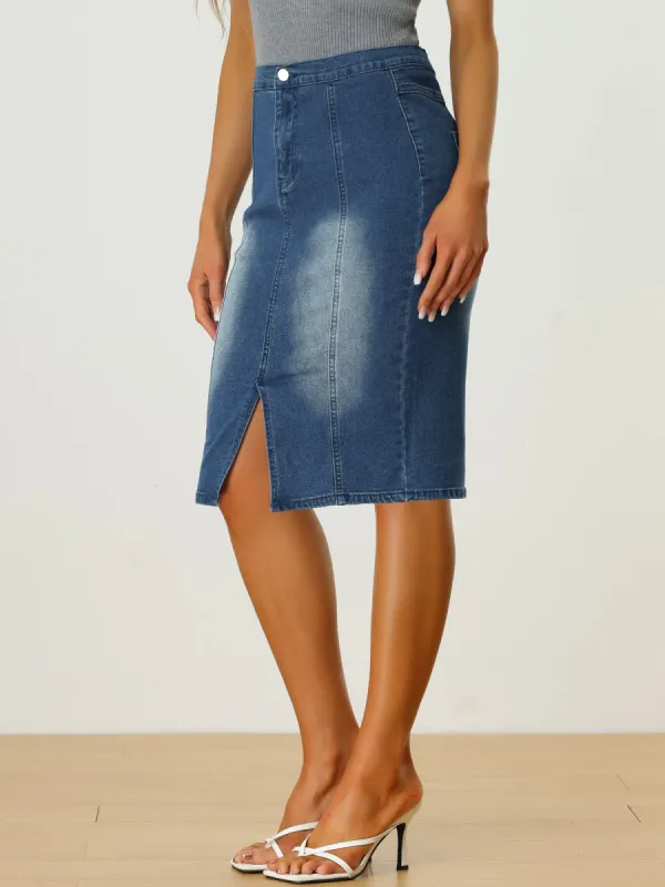 Slit Elastic High Waist Casual Stretch Bodycon Pencil Denim Skirt sold by Allegra K
