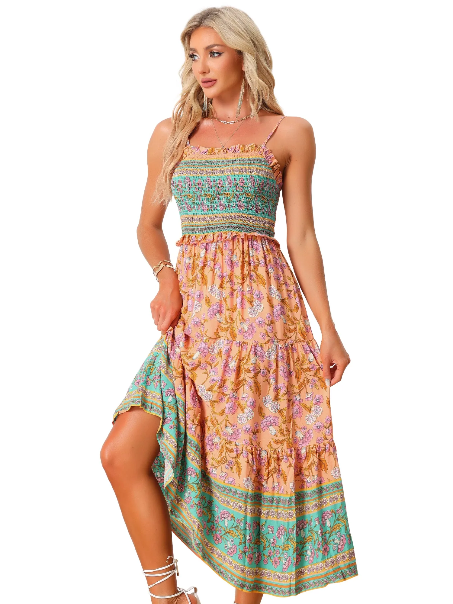 Boho Floral Summer Spaghetti Strap A-Line Flowy Smocked Midi Dress Sundress sold by Allegra K product image thumbnail 5