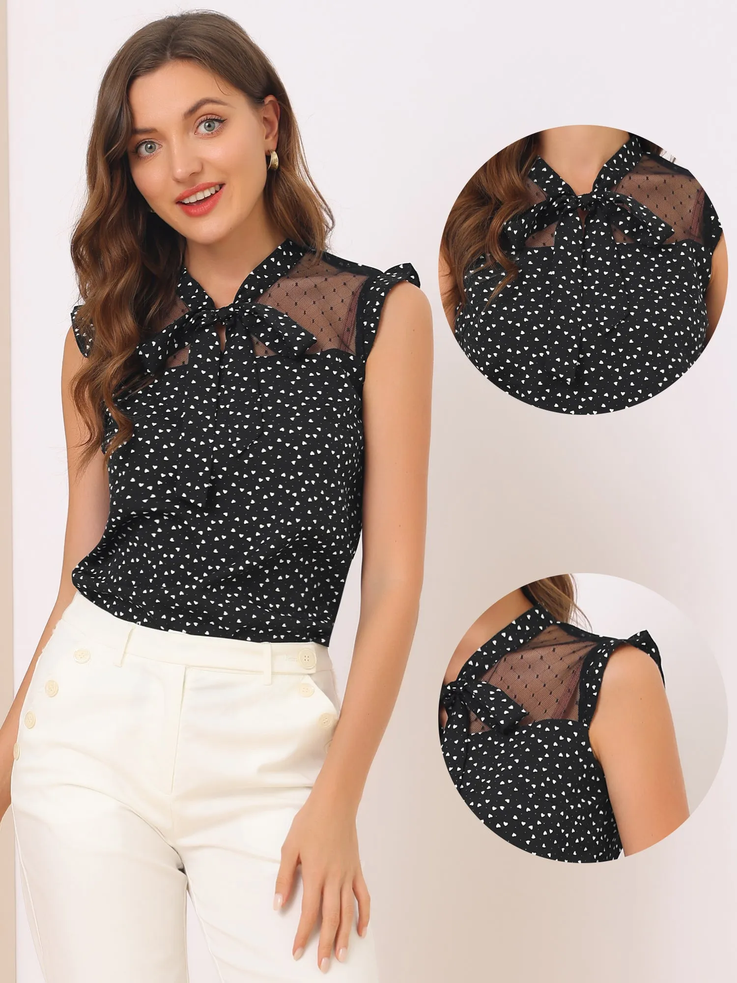 Chiffon Tie Neck Sleeveless Mesh Panel Retro Heart Shirt sold by Allegra K product image thumbnail 2