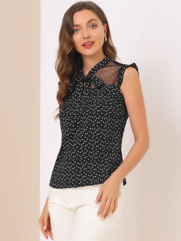 Chiffon Tie Neck Sleeveless Mesh Panel Retro Heart Shirt sold by Allegra K