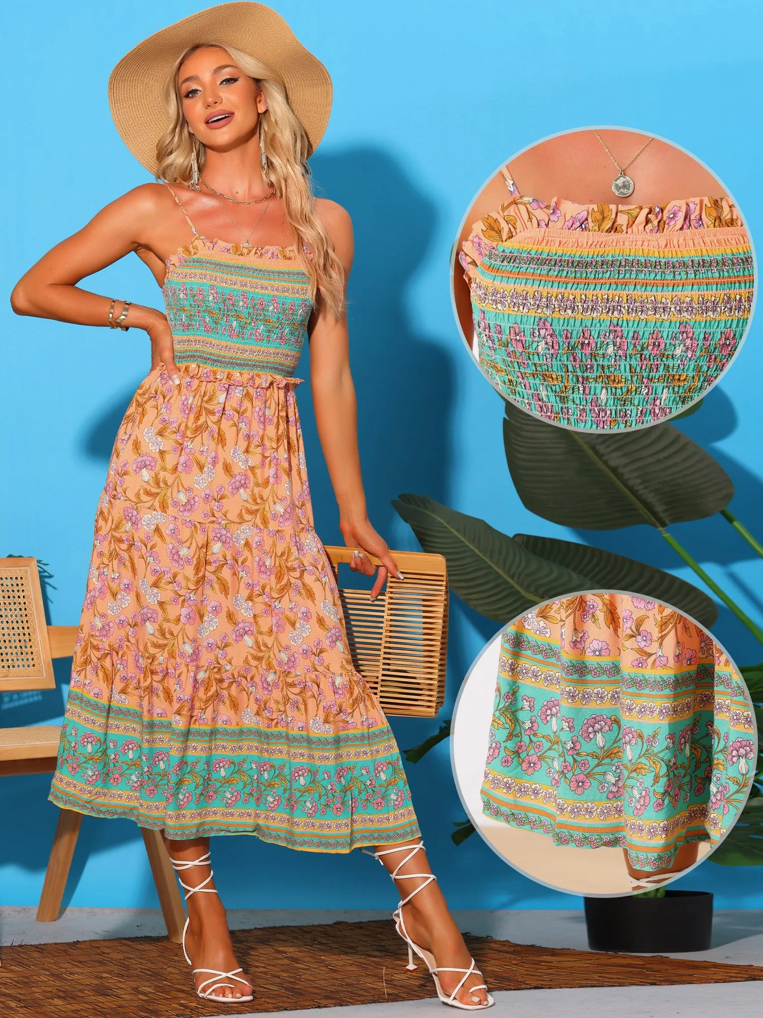 Boho Floral Summer Spaghetti Strap A-Line Flowy Smocked Midi Dress Sundress sold by Allegra K product image thumbnail 2