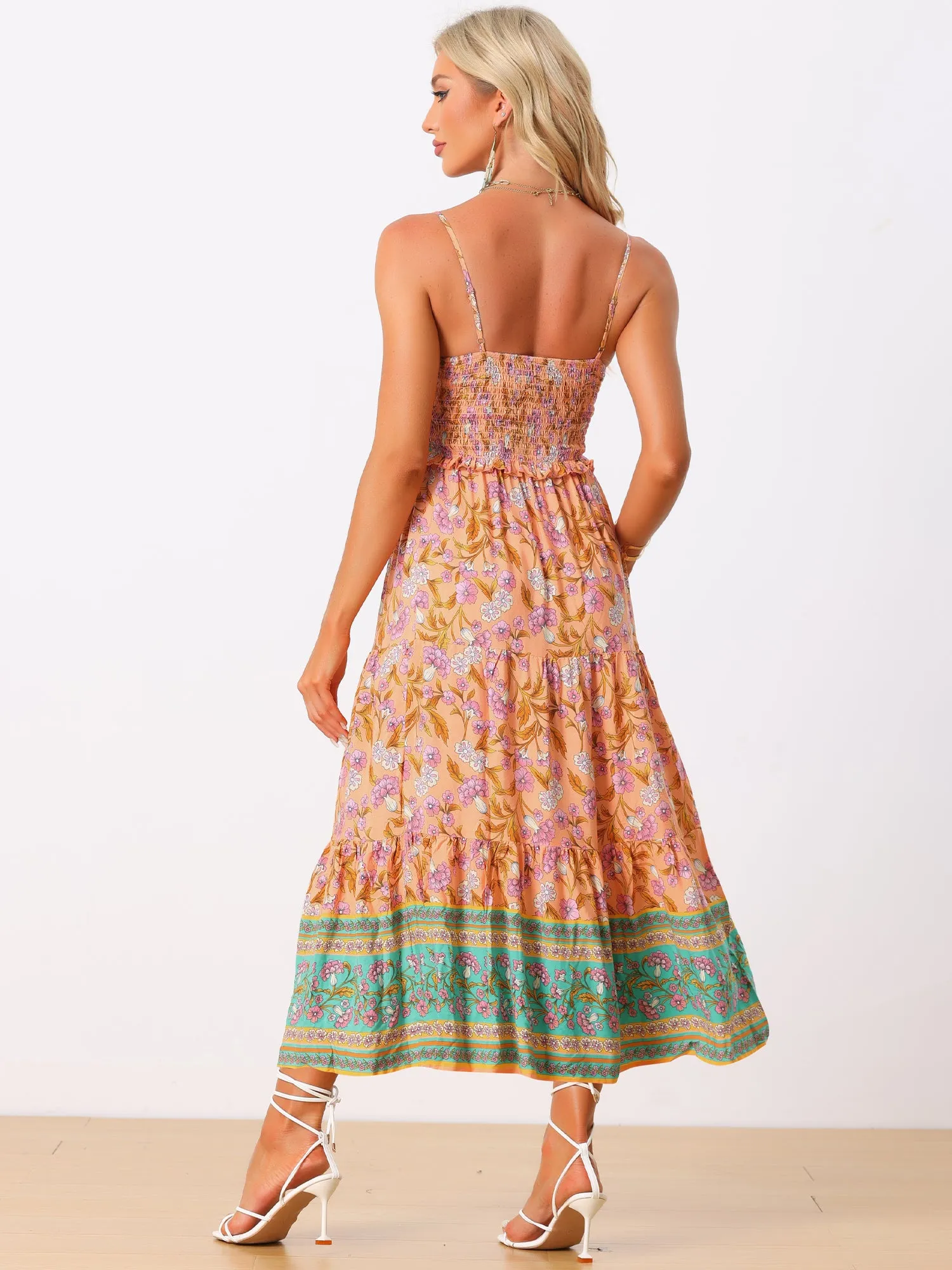 Boho Floral Summer Spaghetti Strap A-Line Flowy Smocked Midi Dress Sundress sold by Allegra K product image thumbnail 3