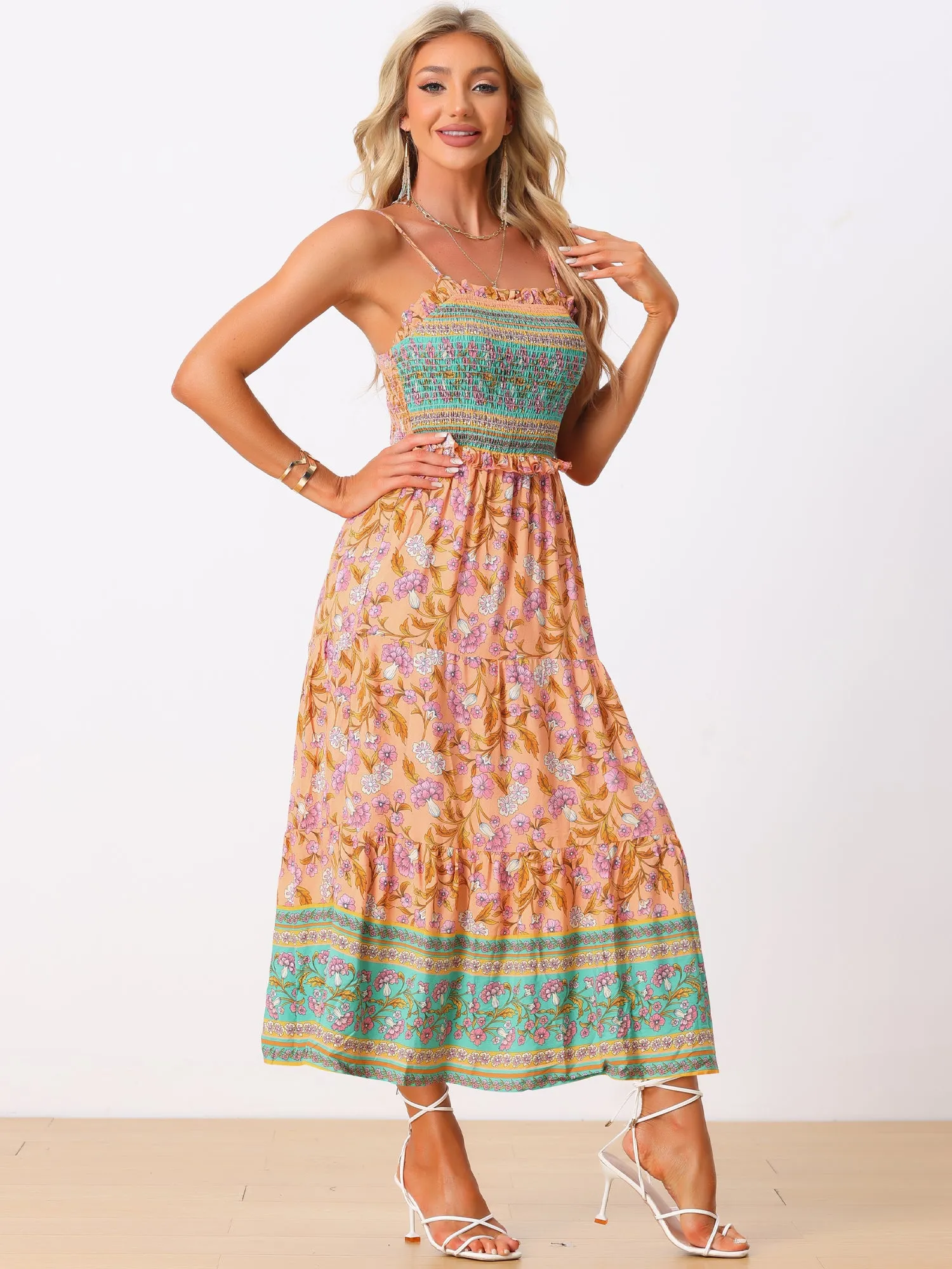 Boho Floral Summer Spaghetti Strap A-Line Flowy Smocked Midi Dress Sundress sold by Allegra K
