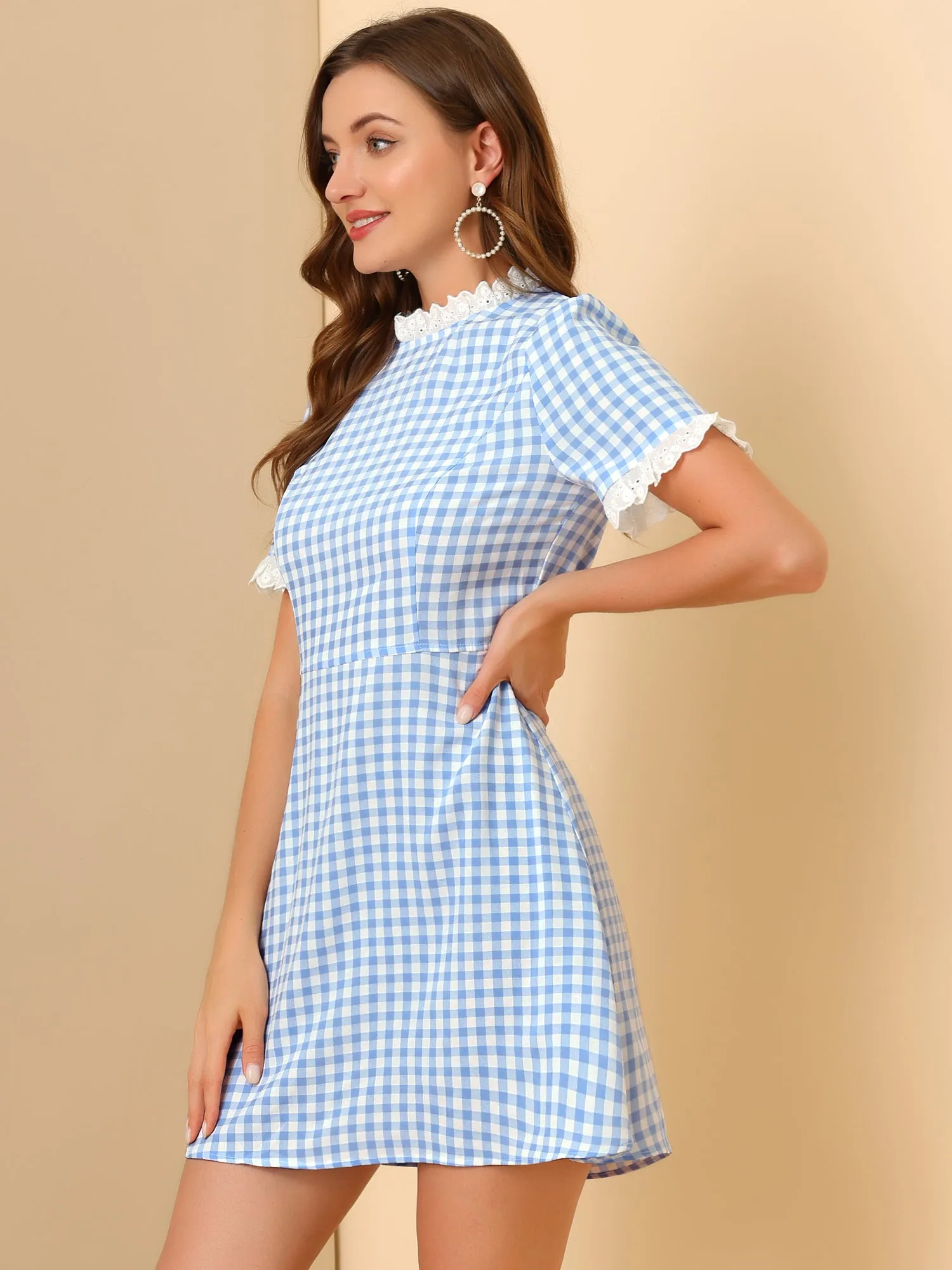 Summer Ruffle Neck Lace Panel Short Sleeve Check Gingham Dress sold by Allegra K product image thumbnail 3