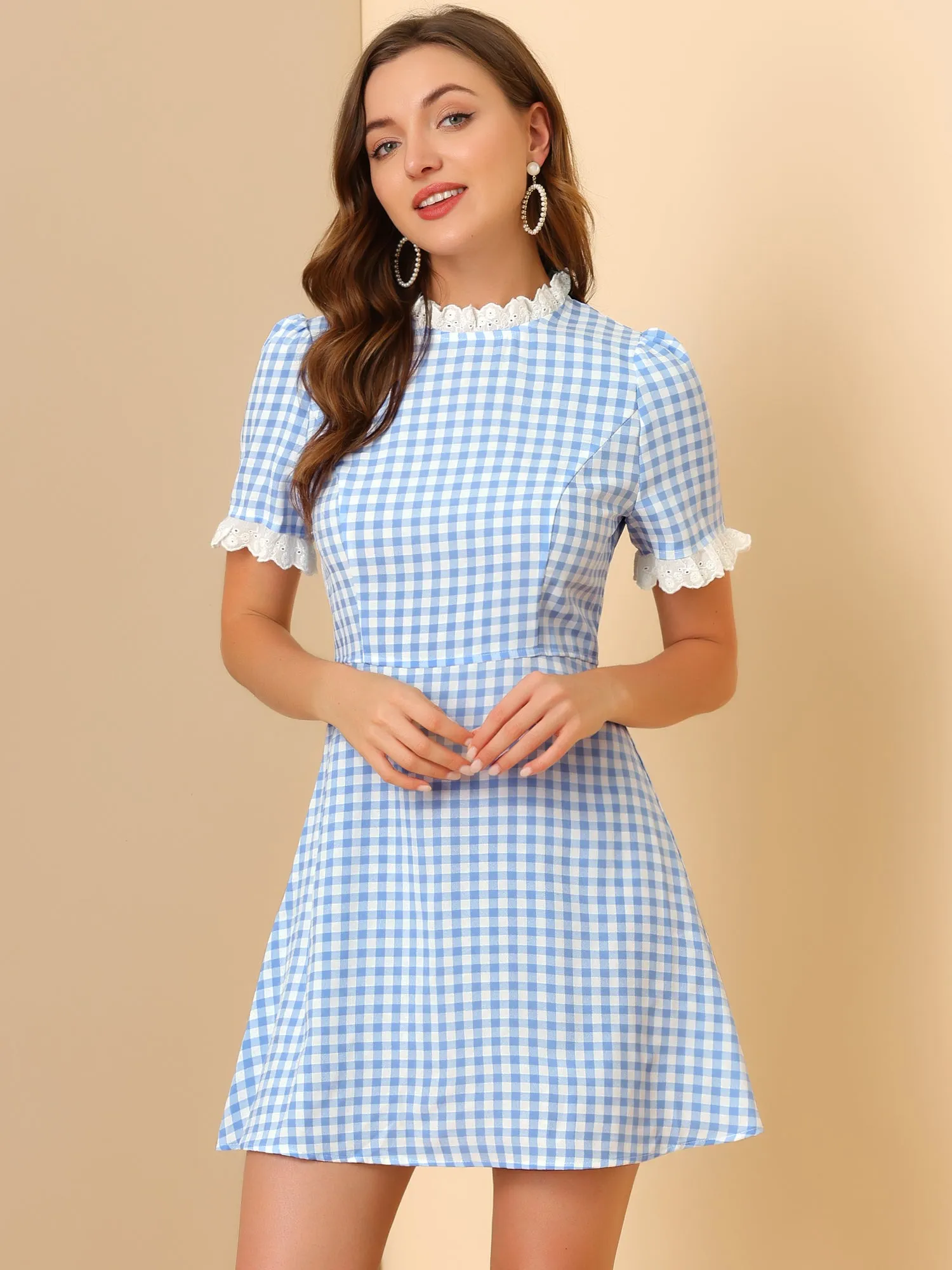 Summer Ruffle Neck Lace Panel Short Sleeve Check Gingham Dress sold by Allegra K product image thumbnail 2