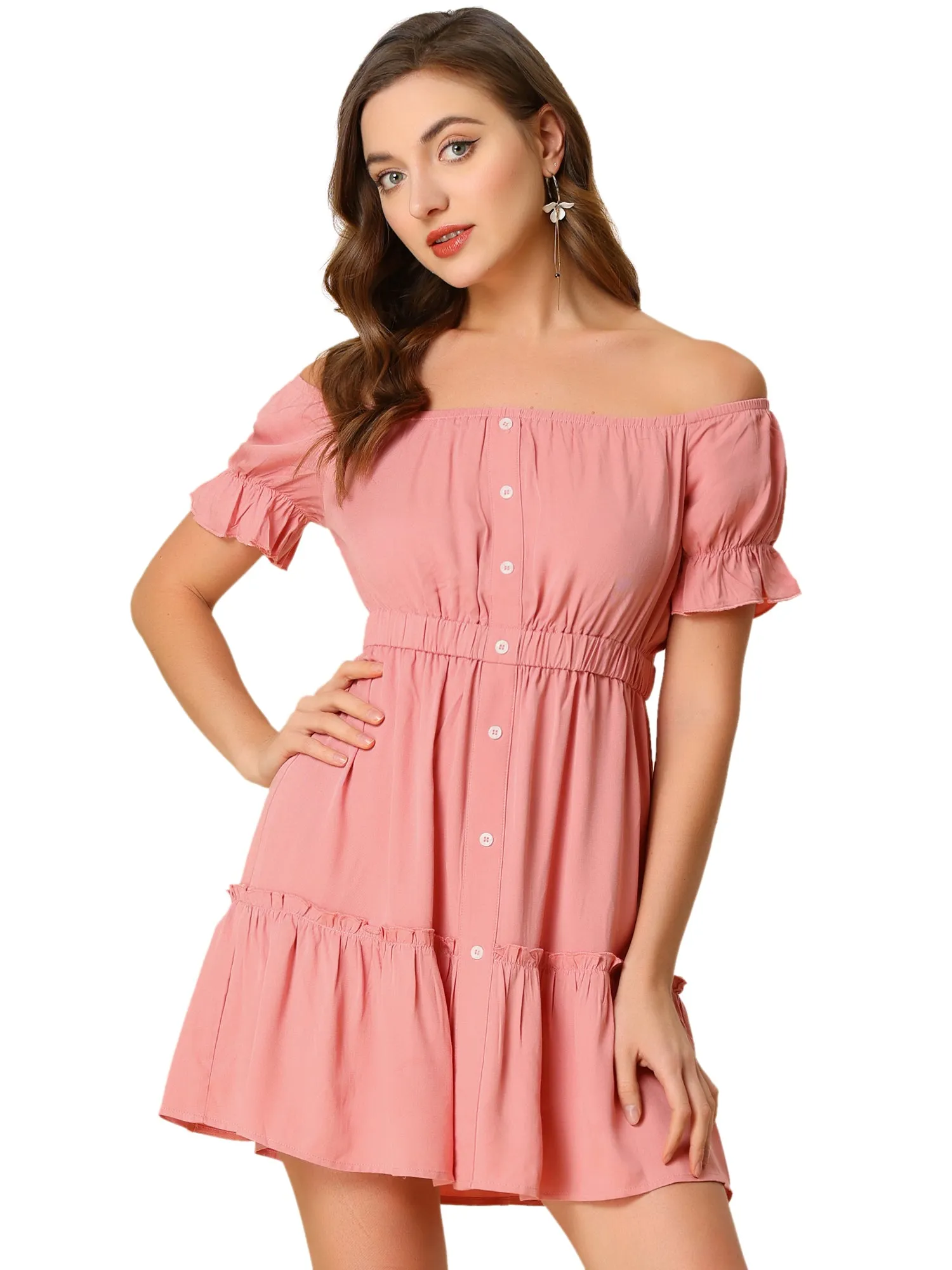 Summer Ruffle Neck Lace Panel Short Sleeve Check Gingham Dress sold by Allegra K product image thumbnail 4