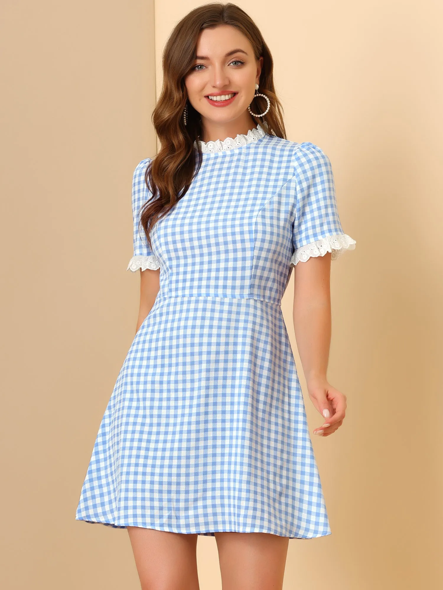 Summer Ruffle Neck Lace Panel Short Sleeve Check Gingham Dress sold by Allegra K