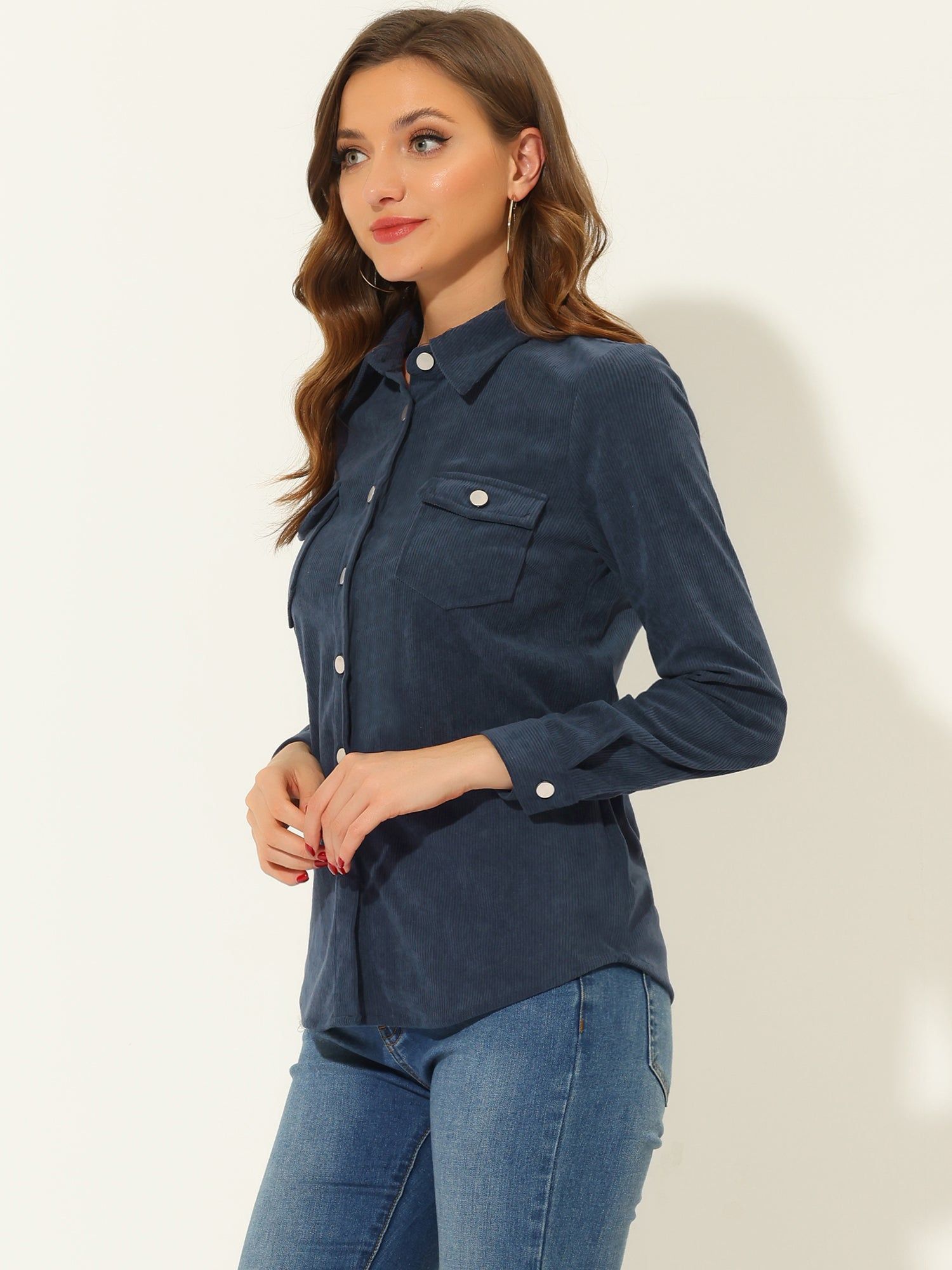 Corduroy Shirt Casual Point Collar Button Down Jacket Tops sold by Allegra K