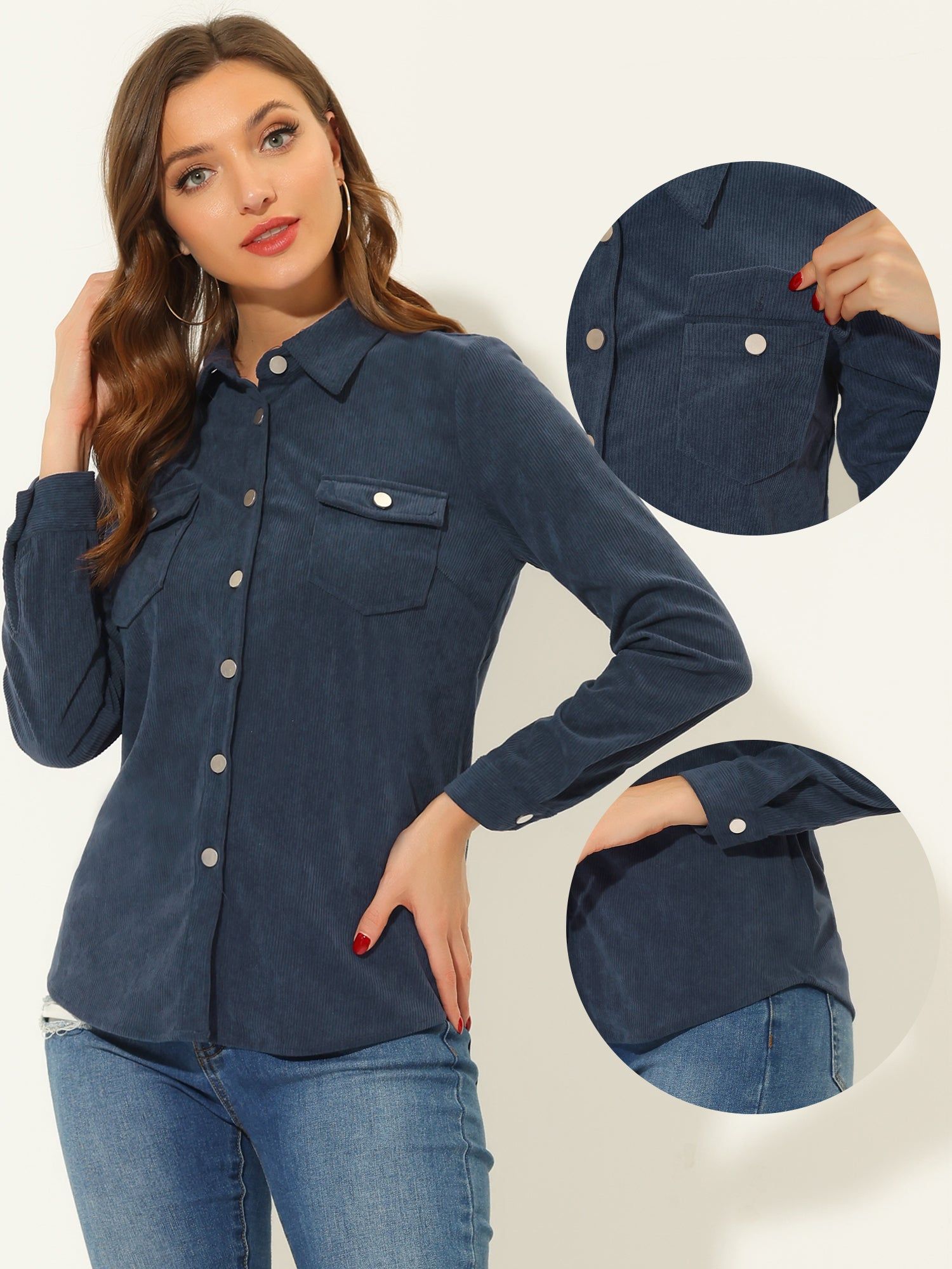 Corduroy Shirt Casual Point Collar Button Down Jacket Tops sold by Allegra K product image thumbnail 2