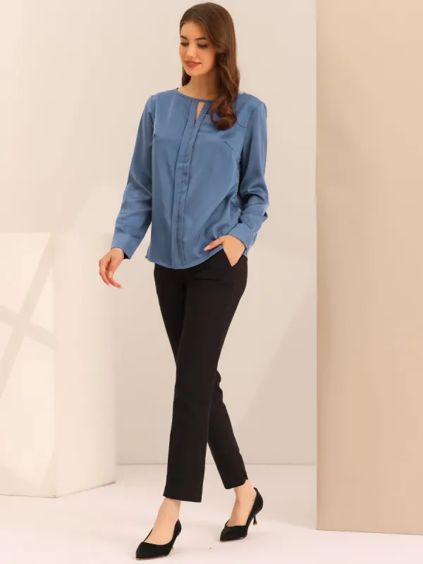 Satin Keyhole V Neck Long Sleeve Elegant Work Office Blouse sold by Allegra K