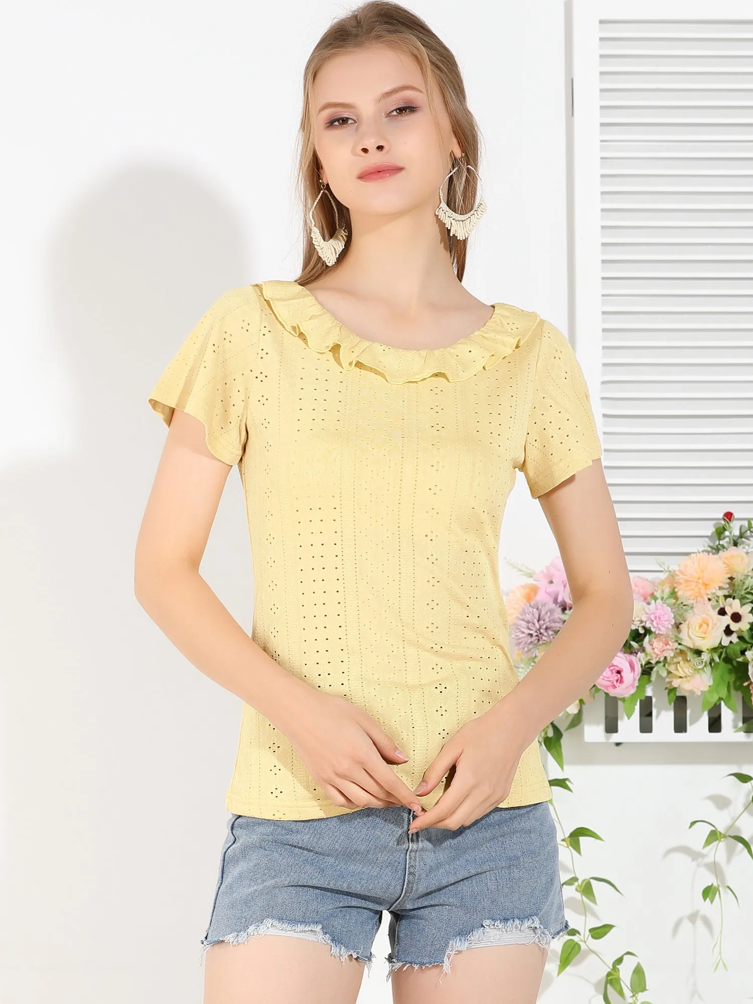 Boho T-shirt Ruffle Round Neck Short Sleeve Summer Top sold by Allegra K product image thumbnail 2