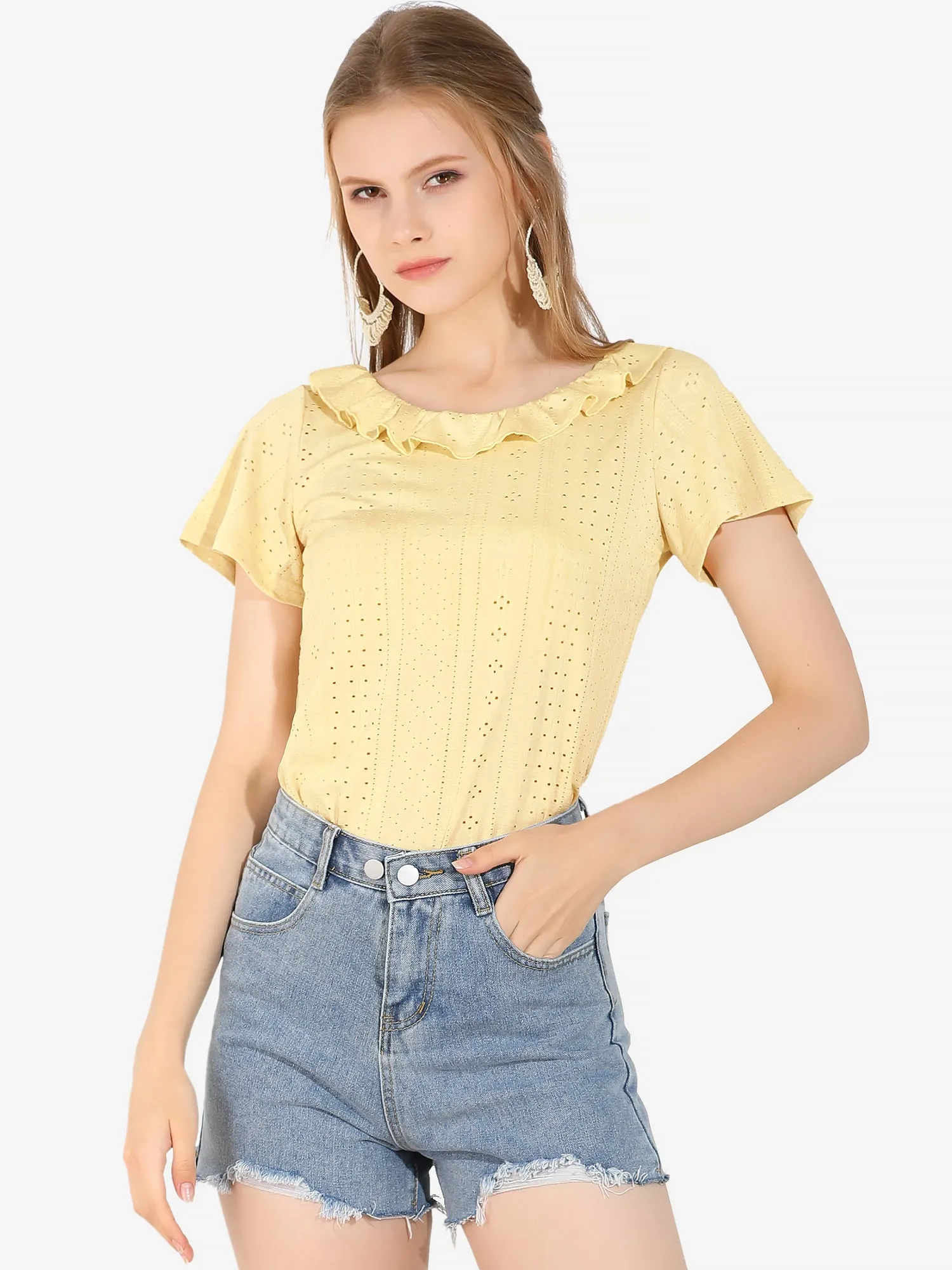 Boho T-shirt Ruffle Round Neck Short Sleeve Summer Top sold by Allegra K