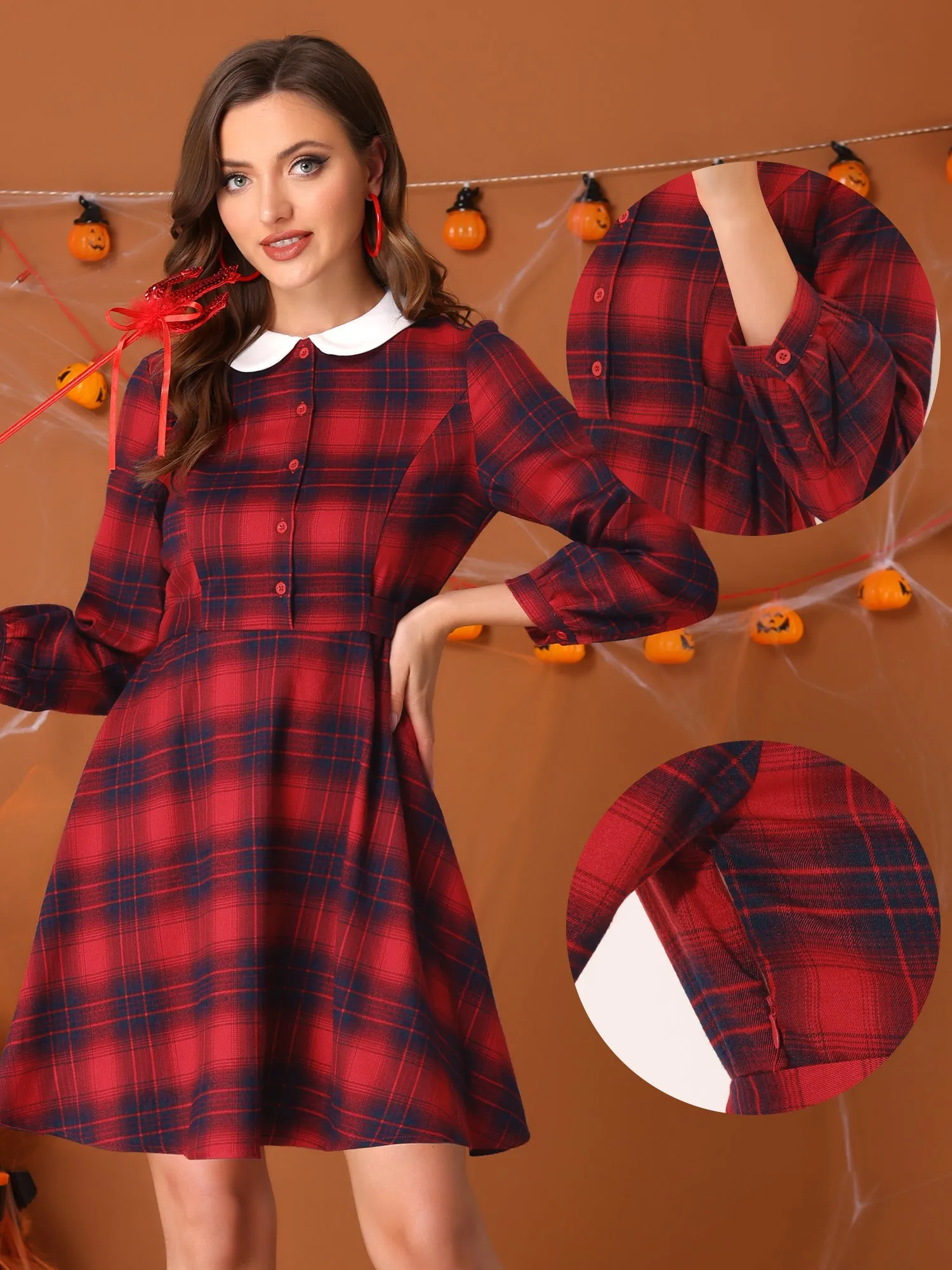 Peter Pan Collar Long Sleeve Button Contrast Plaid A-line Dress sold by Allegra K product image thumbnail 3