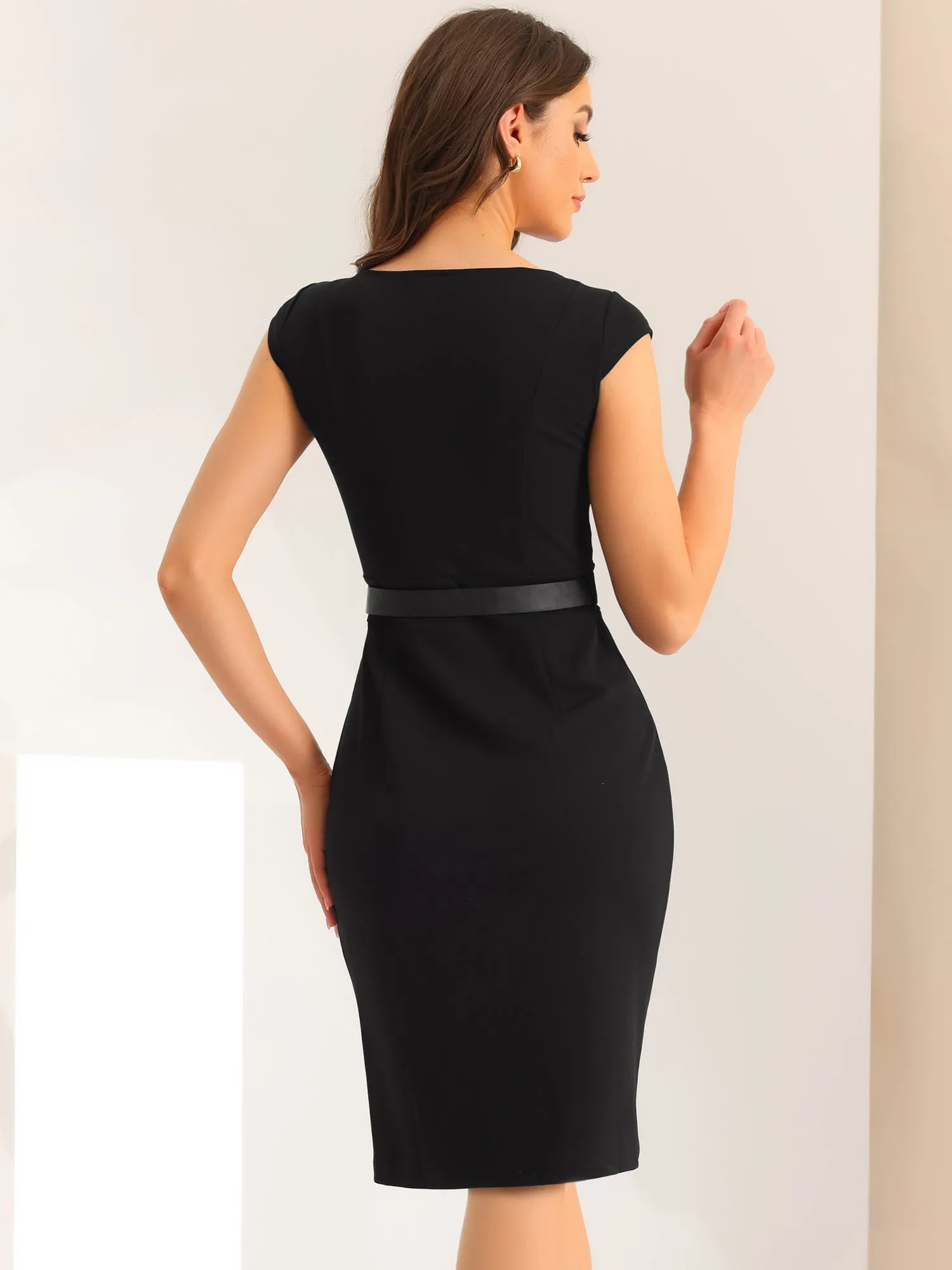 Elegant Dress Cap Sleeve Office Work Belted Sheath Dress sold by Allegra K product image thumbnail 2