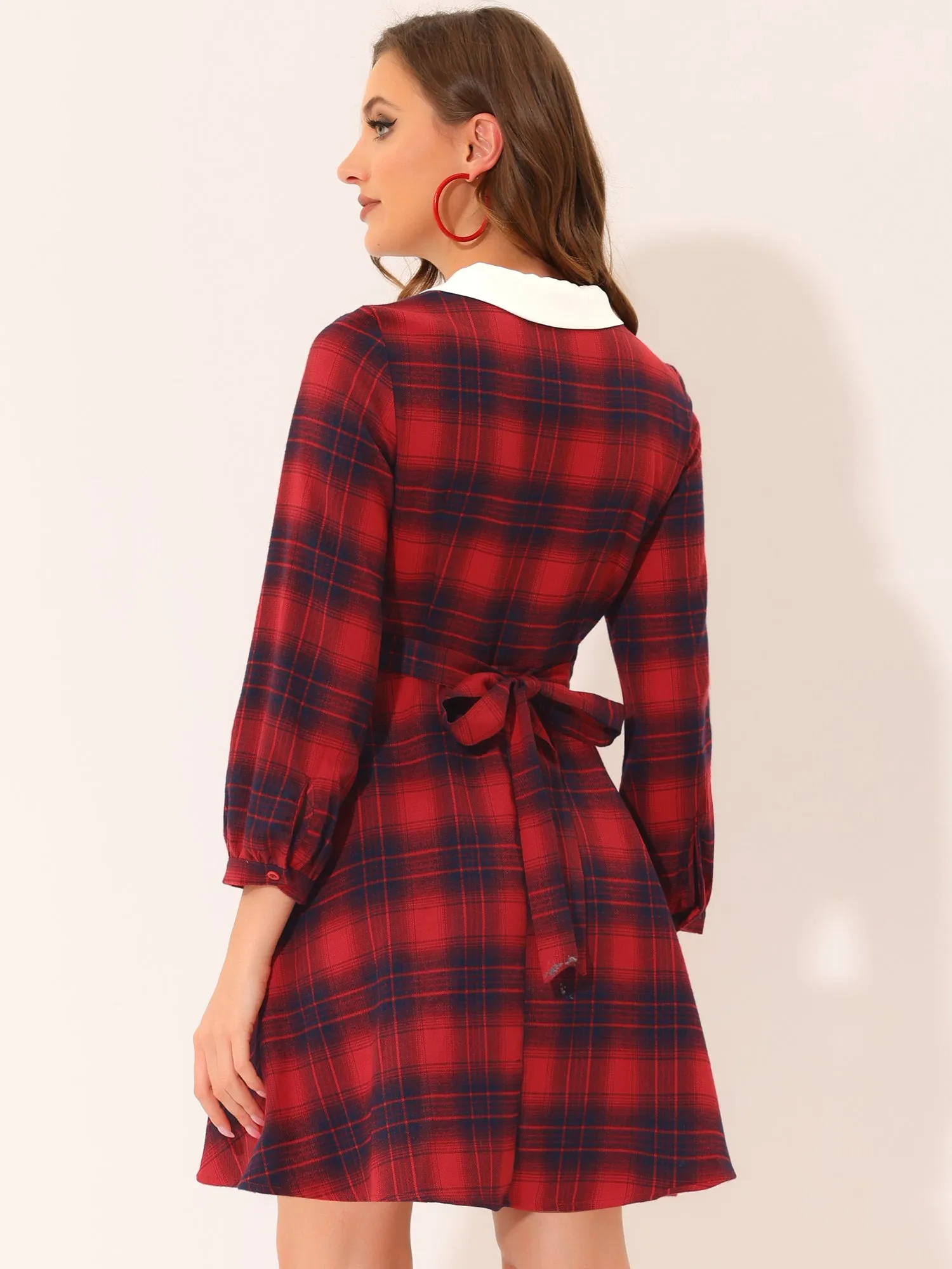 Peter Pan Collar Long Sleeve Button Contrast Plaid A-line Dress sold by Allegra K product image thumbnail 4