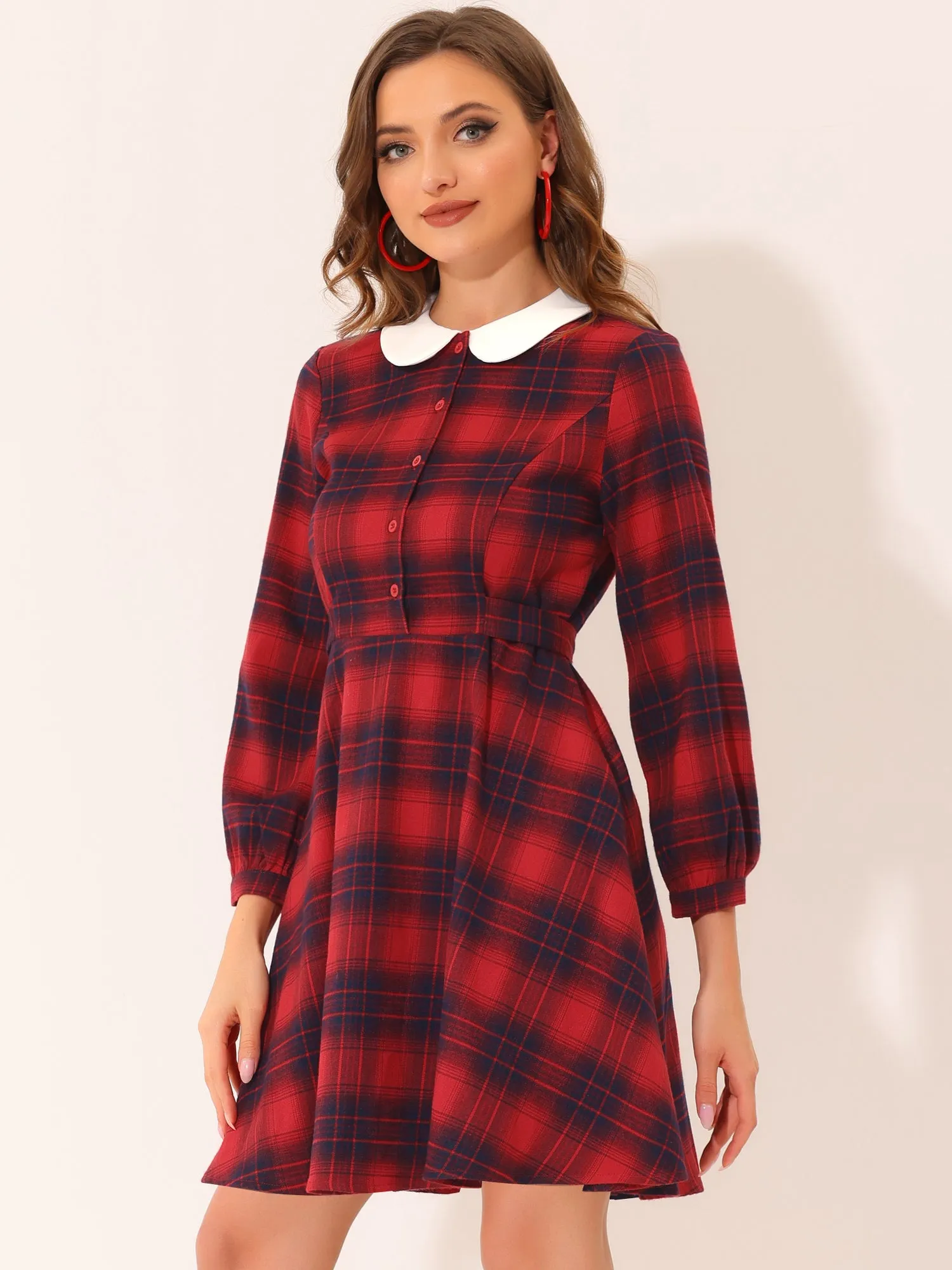 Peter Pan Collar Long Sleeve Button Contrast Plaid A-line Dress sold by Allegra K product image thumbnail 2