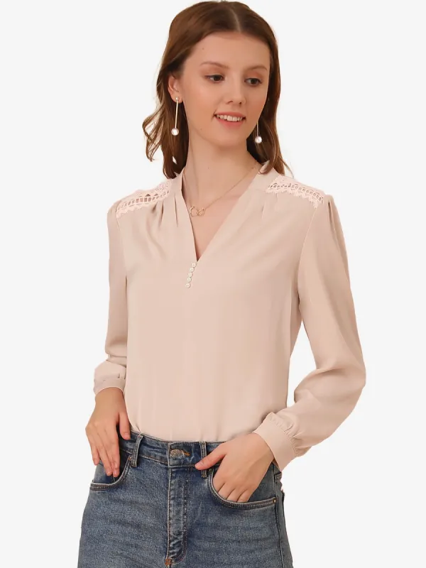 V Neck Lace Trim Tops Casual Work Office Long Sleeve Blouse sold by Allegra K