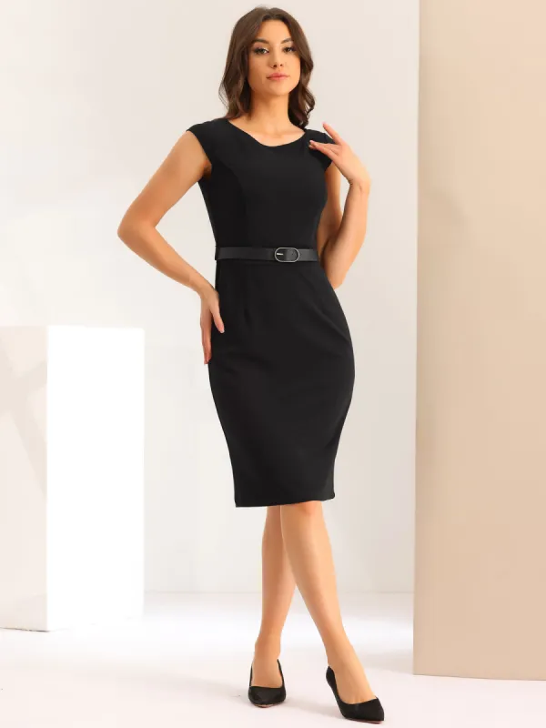 Elegant Dress Cap Sleeve Office Work Belted Sheath Dress sold by Allegra K
