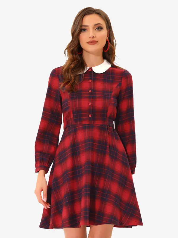 Peter Pan Collar Long Sleeve Button Contrast Plaid A-line Dress sold by Allegra K