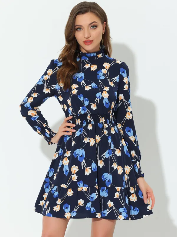 Floral Print Long Sleeve High Neck Ruffle Smocked Mini Dress sold by Allegra K