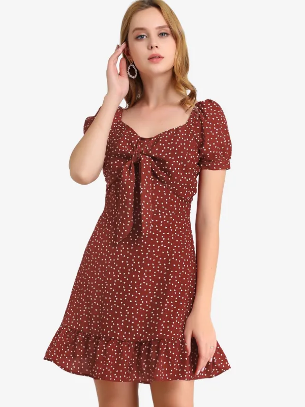 Heart Sweetheart Neckline Puff Sleeve Ruffled Hem Tie Knot Mini Dress sold by Allegra K