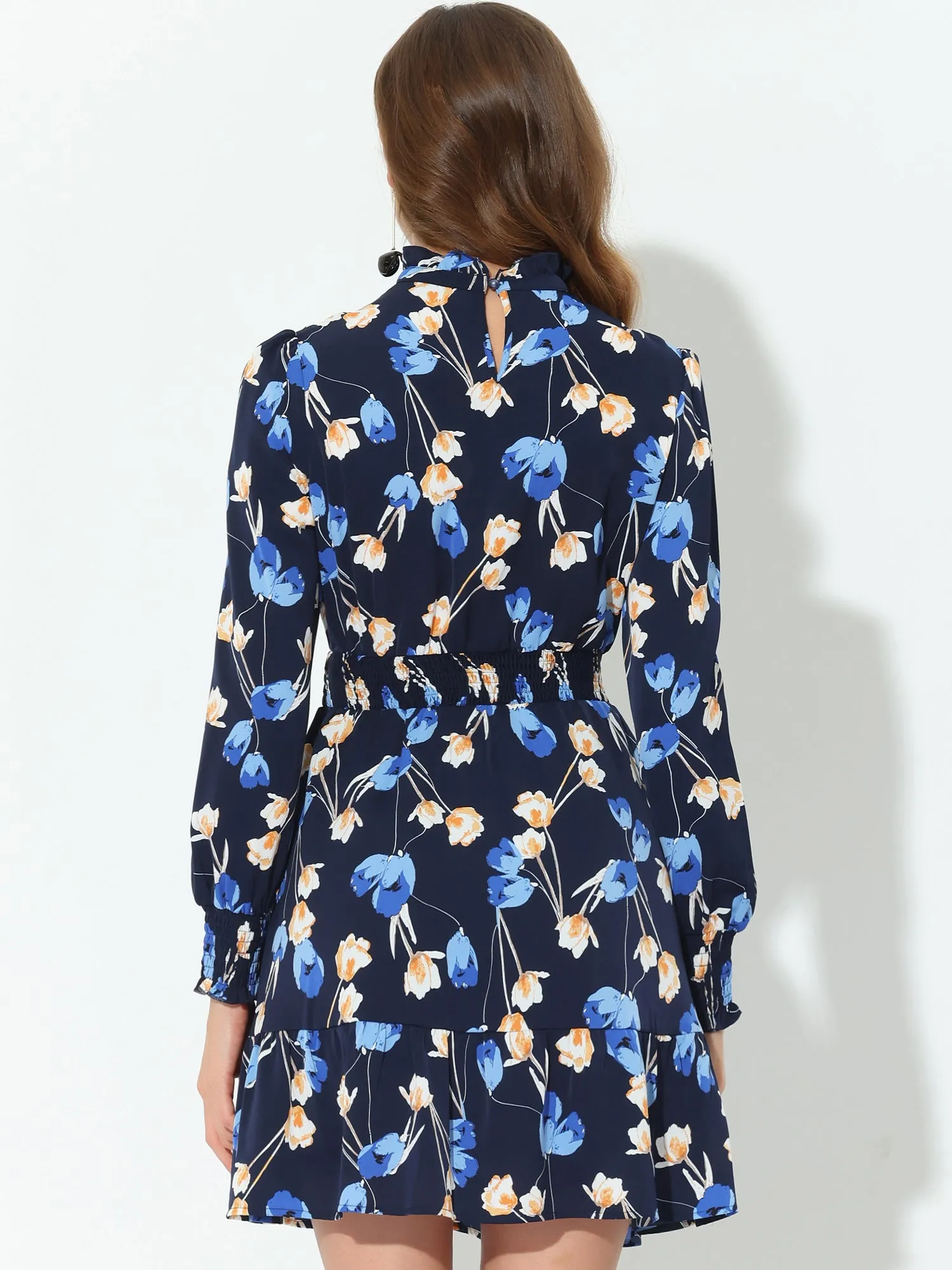 Floral Print Long Sleeve High Neck Ruffle Smocked Mini Dress sold by Allegra K product image thumbnail 3