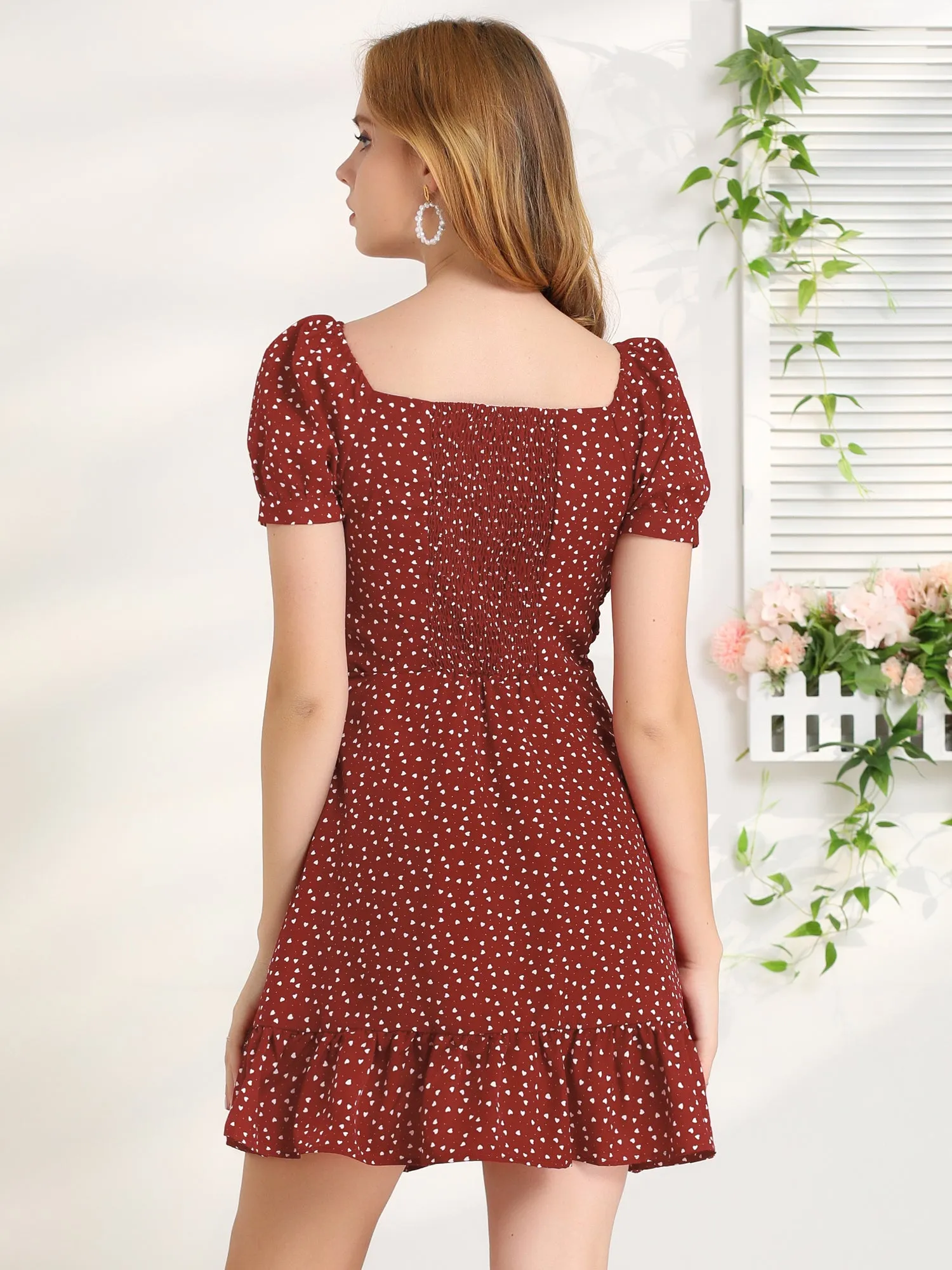 Heart Sweetheart Neckline Puff Sleeve Ruffled Hem Tie Knot Mini Dress sold by Allegra K product image thumbnail 5