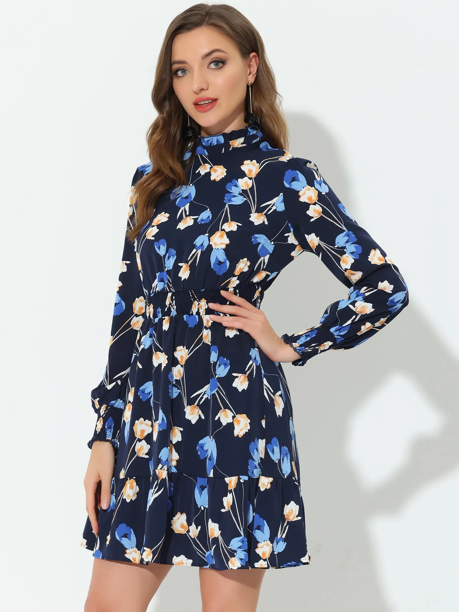 Floral Print Long Sleeve High Neck Ruffle Smocked Mini Dress sold by Allegra K product image thumbnail 2