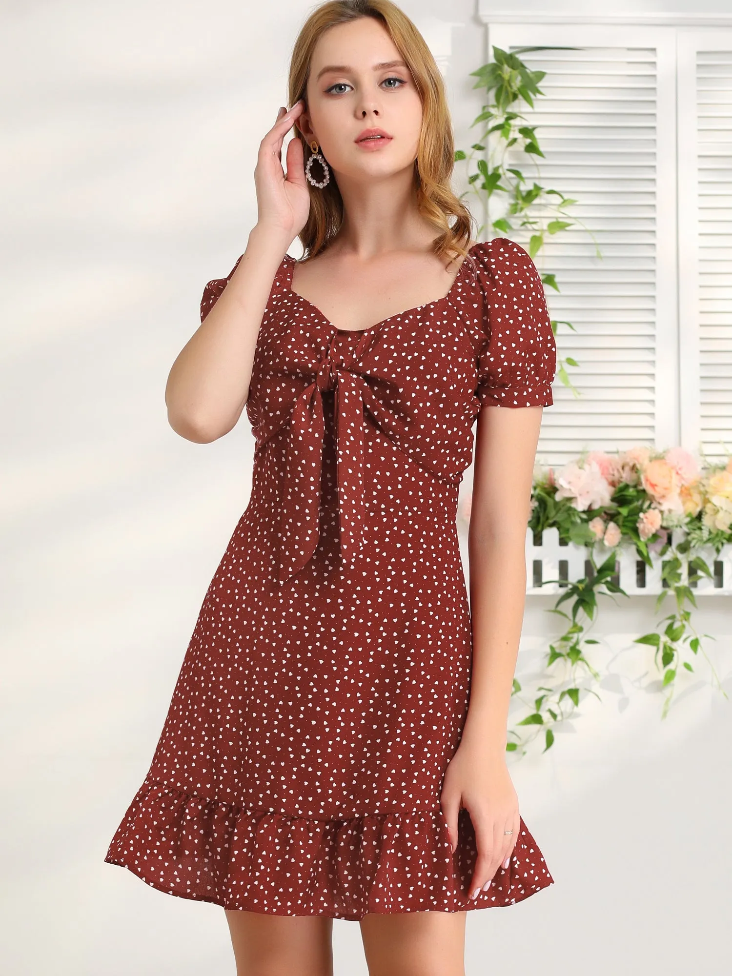 Heart Sweetheart Neckline Puff Sleeve Ruffled Hem Tie Knot Mini Dress sold by Allegra K product image thumbnail 2