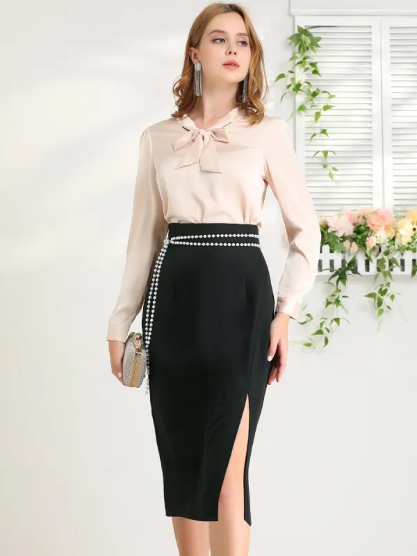 Pencil Work Slit High Waist Below Knee Skirt sold by Allegra K