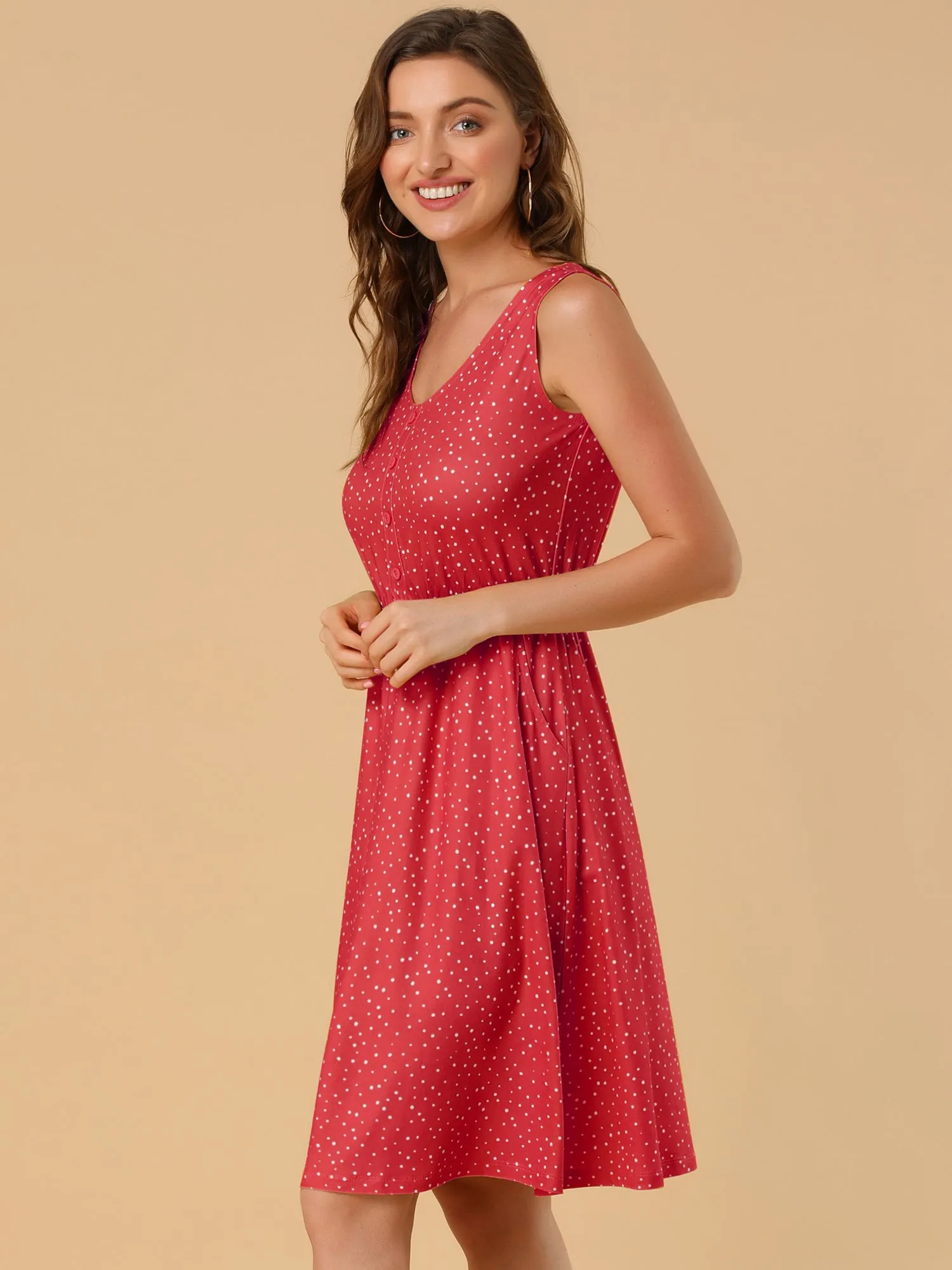 Polka Dots Sleeveless Dress Elastic Waist Midi Sundress with Pockets sold by Allegra K product image thumbnail 2