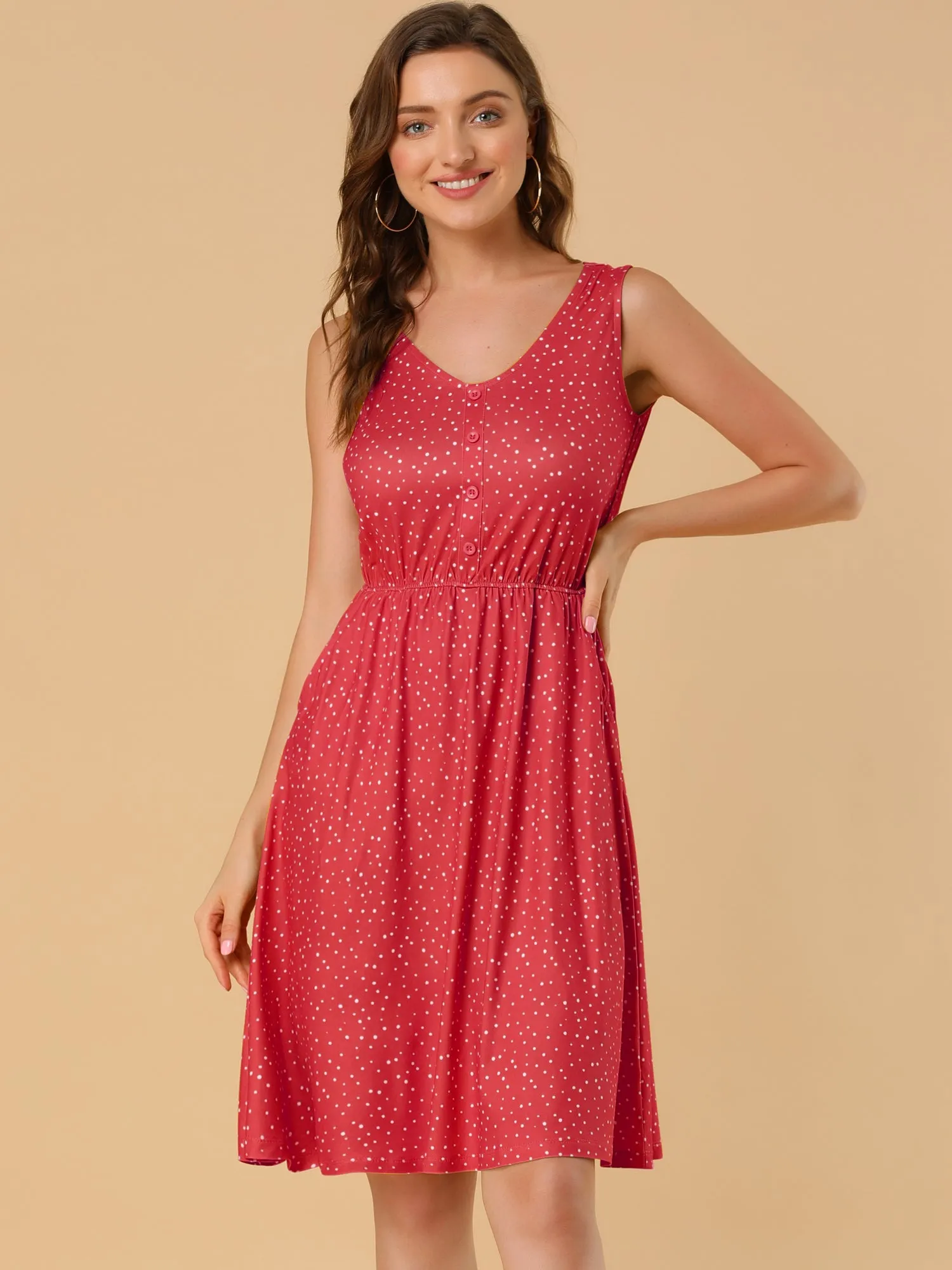 Polka Dots Sleeveless Dress Elastic Waist Midi Sundress with Pockets sold by Allegra K product image thumbnail 4