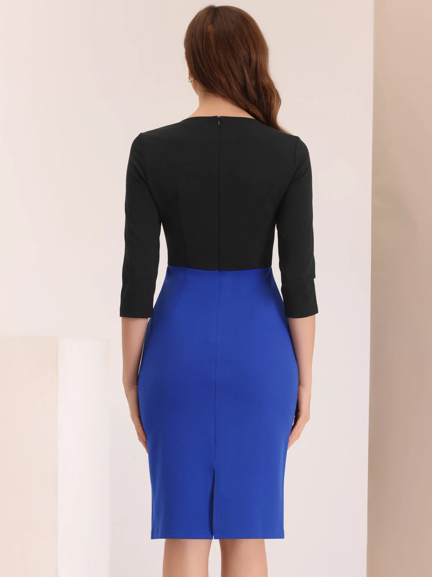 Pencil Round Neck 3/4 Sleeve Contrast Office Sheath Dress sold by Allegra K product image thumbnail 3