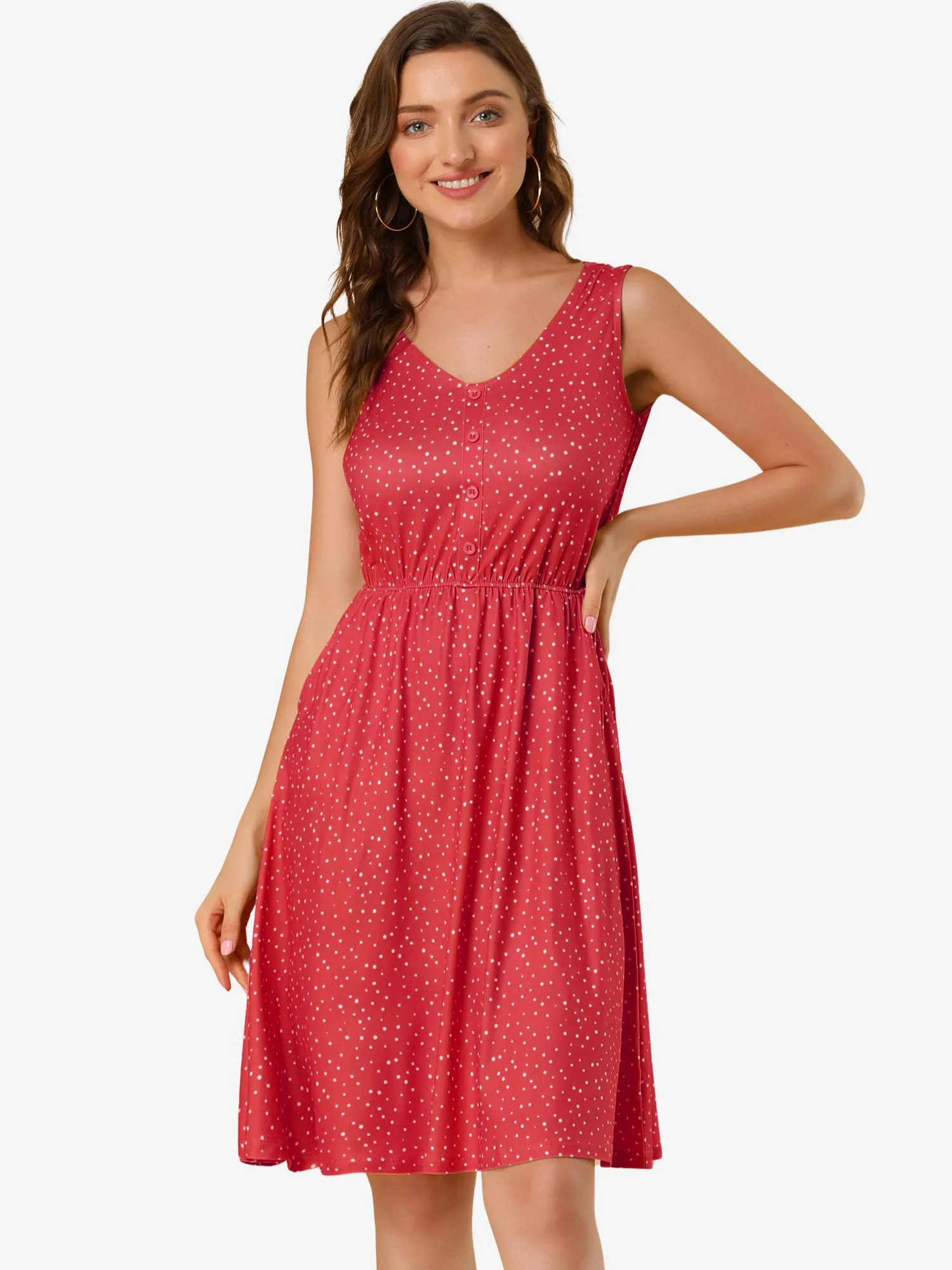 Polka Dots Sleeveless Dress Elastic Waist Midi Sundress with Pockets sold by Allegra K
