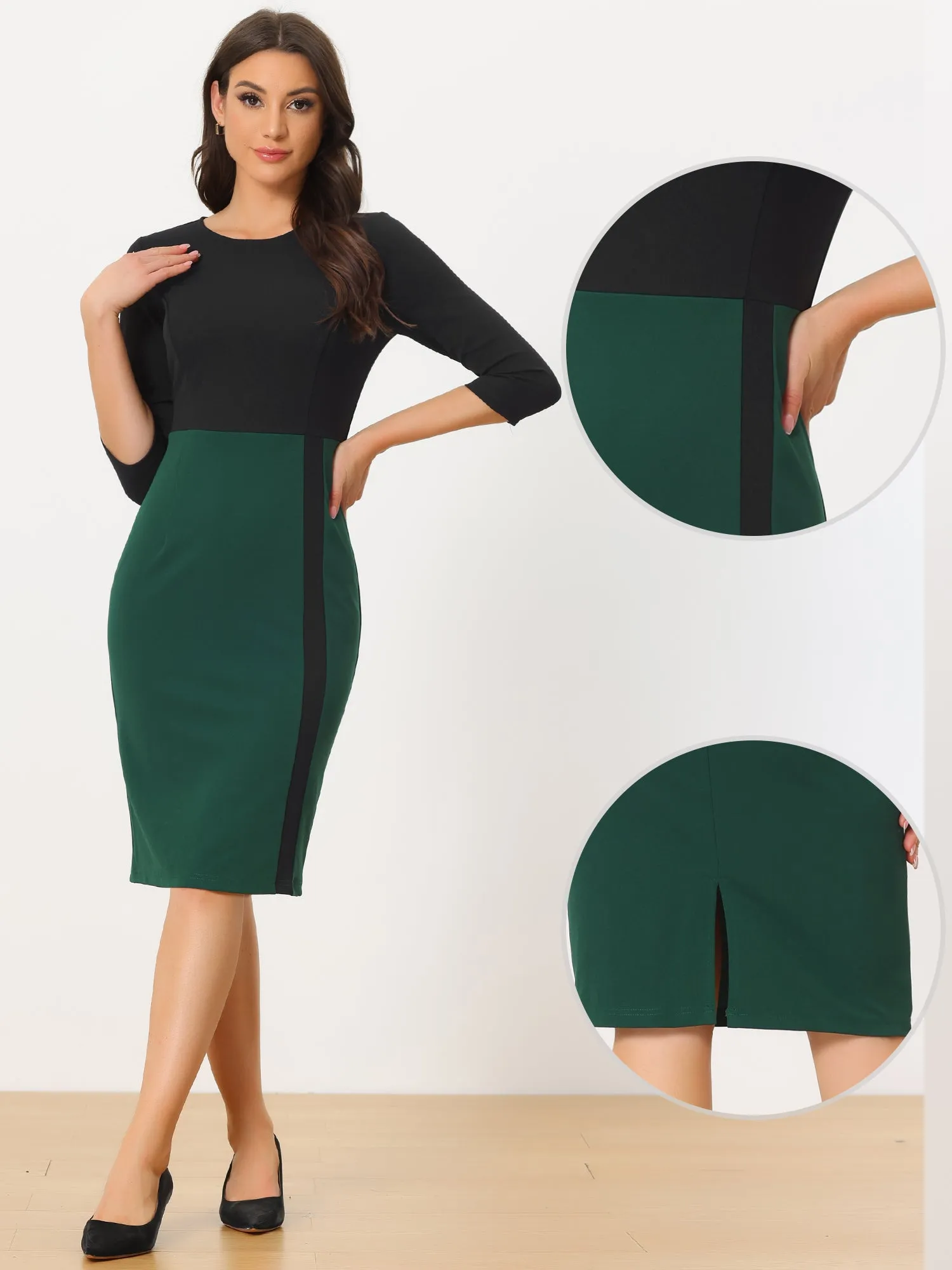 Pencil Round Neck 3/4 Sleeve Contrast Office Sheath Dress sold by Allegra K product image thumbnail 5